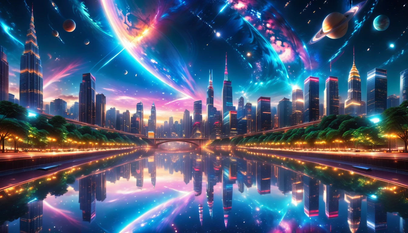 A Masterpiece In 32K Resolution, Supreme Quality, Super Detail, Official Art, Very High-Resolution 32K Wallpaper, Beautiful And Aesthetic, Ultra-Detailed Features, Awe-Inspiring Detail. A Modern Cityscape With Skyscrapers Blending Into A Vibrant Galaxy Stretching Across The Night Sky. The Light From Stars And Planets In The Galaxy Reflects Down Onto The Water Below. Surrounding The City Is A Lush Forest With Tall Trees And Dense Foliage, Creating A Harmony Between Nature And Technology. There Could Be A Small River Or Lake In The Forest, Reflecting The Glow Of The Galaxy Above.