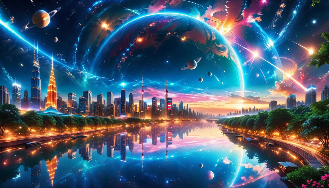 A Masterpiece In 32K Resolution, Supreme Quality, Super Detail, Official Art, Very High-Resolution 32K Wallpaper, Beautiful And Aesthetic, Ultra-Detailed Features, Awe-Inspiring Detail. A Modern Cityscape With Skyscrapers Blending Into A Vibrant Galaxy Stretching Across The Night Sky. The Light From Stars And Planets In The Galaxy Reflects Down Onto The Water Below. Surrounding The City Is A Lush Forest With Tall Trees And Dense Foliage, Creating A Harmony Between Nature And Technology. There Could Be A Small River Or Lake In The Forest, Reflecting The Glow Of The Galaxy Above.