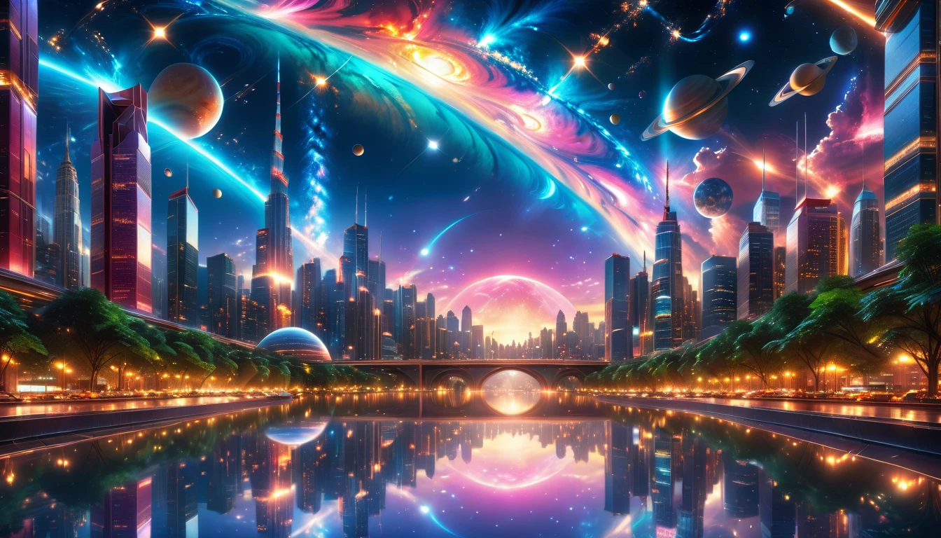 A Masterpiece In 32K Resolution, Supreme Quality, Super Detail, Official Art, Very High-Resolution 32K Wallpaper, Beautiful And Aesthetic, Ultra-Detailed Features, Awe-Inspiring Detail. A Modern Cityscape With Skyscrapers Blending Into A Vibrant Galaxy Stretching Across The Night Sky. The Light From Stars And Planets In The Galaxy Reflects Down Onto The Water Below. Surrounding The City Is A Lush Forest With Tall Trees And Dense Foliage, Creating A Harmony Between Nature And Technology. There Could Be A Small River Or Lake In The Forest, Reflecting The Glow Of The Galaxy Above.