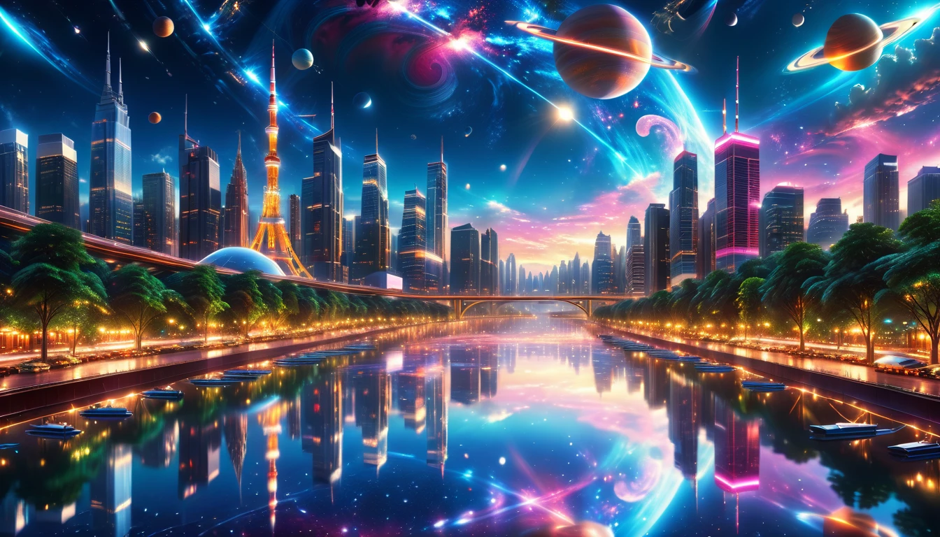 A Masterpiece In 32K Resolution, Supreme Quality, Super Detail, Official Art, Very High-Resolution 32K Wallpaper, Beautiful And Aesthetic, Ultra-Detailed Features, Awe-Inspiring Detail. A Modern Cityscape With Skyscrapers Blending Into A Vibrant Galaxy Stretching Across The Night Sky. The Light From Stars And Planets In The Galaxy Reflects Down Onto The Water Below. Surrounding The City Is A Lush Forest With Tall Trees And Dense Foliage, Creating A Harmony Between Nature And Technology. There Could Be A Small River Or Lake In The Forest, Reflecting The Glow Of The Galaxy Above.