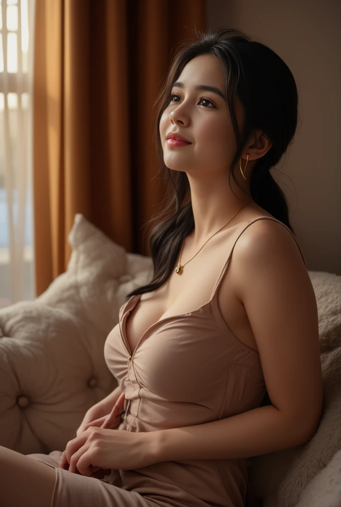 A young woman's serene portrait: soft focus, warm cinematic lighting, and a cozy dress frame her innocent expression and her huge breasts bounching. She sits in a gentle pose on a plush sofa, gazing off into the distance with a contemplative look, as if lost in thought. The relaxed posture and subtle smile convey quiet introspection.