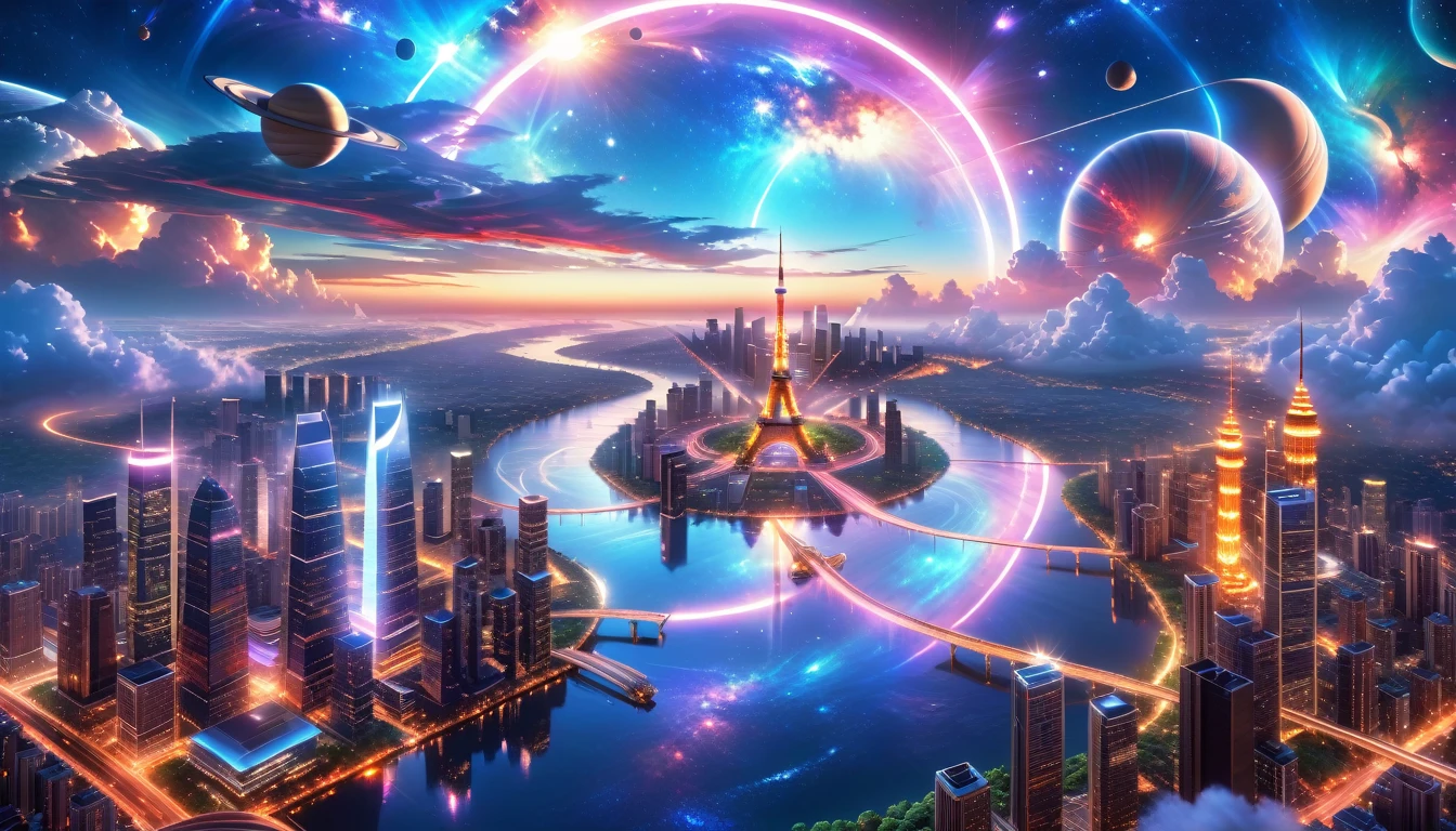 A Masterpiece In 32K Resolution, Supreme Quality, Super Detail, Official Art, Very High-Resolution 32K Wallpaper, Beautiful And Aesthetic, Ultra-Detailed Features, Awe-Inspiring Detail. A Modern Cityscape With Skyscrapers Blending Into A Vibrant Galaxy Stretching Across The Night Sky. The Light From Stars And Planets In The Galaxy Reflects Down Onto The Water Below. Surrounding The City Is A Lush Forest With Tall Trees And Dense Foliage, Creating A Harmony Between Nature And Technology. There Could Be A Small River Or Lake In The Forest, Reflecting The Glow Of The Galaxy Above.