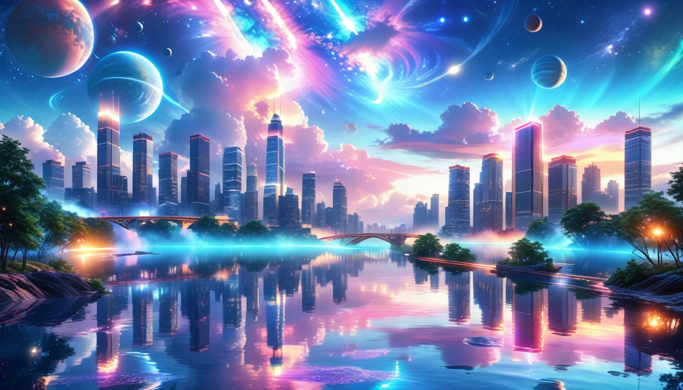 A Masterpiece In 32K Resolution, Supreme Quality, Super Detail, Official Art, Very High-Resolution 32K Wallpaper, Beautiful And Aesthetic, Ultra-Detailed Features, Awe-Inspiring Detail. A Modern Cityscape With Skyscrapers Blending Into A Vibrant Galaxy Stretching Across The Night Sky. The Light From Stars And Planets In The Galaxy Reflects Down Onto The Water Below. Surrounding The City Is A Lush Forest With Tall Trees And Dense Foliage, Creating A Harmony Between Nature And Technology. There Could Be A Small River Or Lake In The Forest, Reflecting The Glow Of The Galaxy Above.