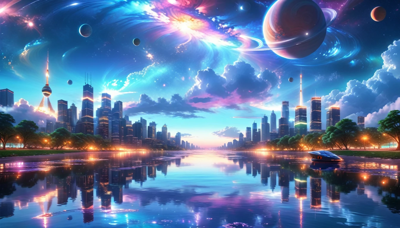 A Masterpiece In 32K Resolution, Supreme Quality, Super Detail, Official Art, Very High-Resolution 32K Wallpaper, Beautiful And Aesthetic, Ultra-Detailed Features, Awe-Inspiring Detail. A Modern Cityscape With Skyscrapers Blending Into A Vibrant Galaxy Stretching Across The Night Sky. The Light From Stars And Planets In The Galaxy Reflects Down Onto The Water Below. Surrounding The City Is A Lush Forest With Tall Trees And Dense Foliage, Creating A Harmony Between Nature And Technology. There Could Be A Small River Or Lake In The Forest, Reflecting The Glow Of The Galaxy Above.