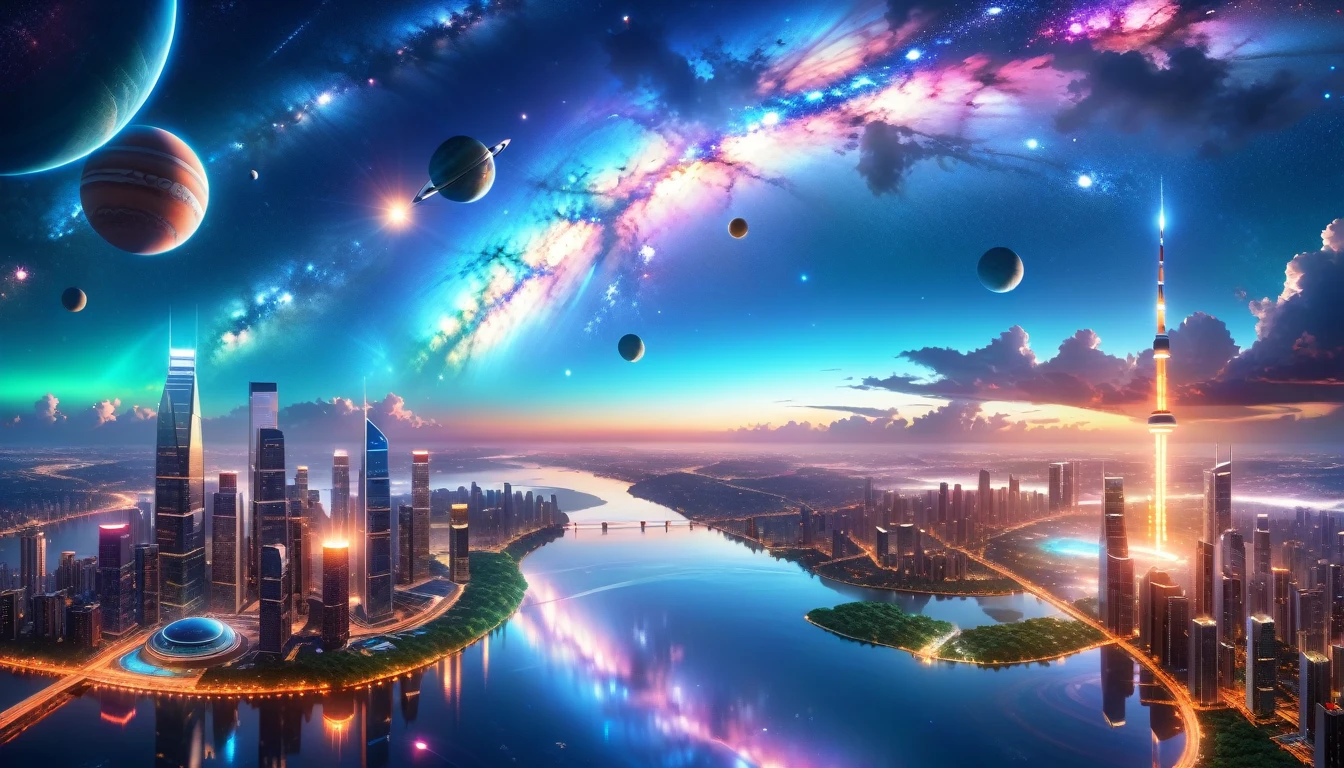 A Masterpiece In 32K Resolution, Supreme Quality, Super Detail, Official Art, Very High-Resolution 32K Wallpaper, Beautiful And Aesthetic, Ultra-Detailed Features, Awe-Inspiring Detail. A Modern Cityscape With Skyscrapers Blending Into A Vibrant Galaxy Stretching Across The Night Sky. The Light From Stars And Planets In The Galaxy Reflects Down Onto The Water Below. Surrounding The City Is A Lush Forest With Tall Trees And Dense Foliage, Creating A Harmony Between Nature And Technology. There Could Be A Small River Or Lake In The Forest, Reflecting The Glow Of The Galaxy Above.