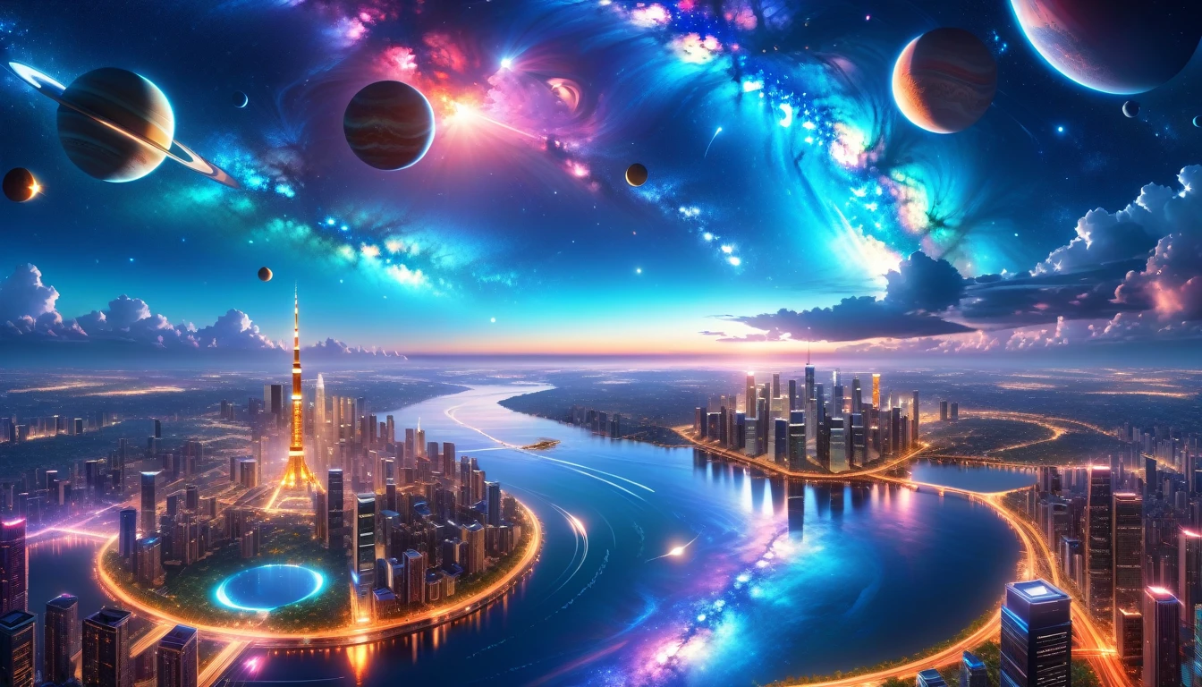 A Masterpiece In 32K Resolution, Supreme Quality, Super Detail, Official Art, Very High-Resolution 32K Wallpaper, Beautiful And Aesthetic, Ultra-Detailed Features, Awe-Inspiring Detail. A Modern Cityscape With Skyscrapers Blending Into A Vibrant Galaxy Stretching Across The Night Sky. The Light From Stars And Planets In The Galaxy Reflects Down Onto The Water Below. Surrounding The City Is A Lush Forest With Tall Trees And Dense Foliage, Creating A Harmony Between Nature And Technology. There Could Be A Small River Or Lake In The Forest, Reflecting The Glow Of The Galaxy Above.