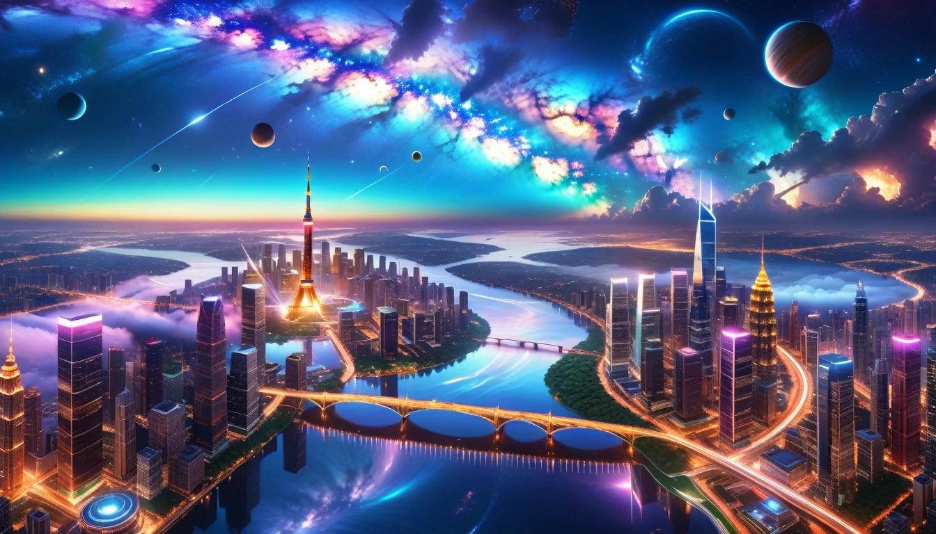 A Masterpiece In 32K Resolution, Supreme Quality, Super Detail, Official Art, Very High-Resolution 32K Wallpaper, Beautiful And Aesthetic, Ultra-Detailed Features, Awe-Inspiring Detail. A Modern Cityscape With Skyscrapers Blending Into A Vibrant Galaxy Stretching Across The Night Sky. The Light From Stars And Planets In The Galaxy Reflects Down Onto The Water Below. Surrounding The City Is A Lush Forest With Tall Trees And Dense Foliage, Creating A Harmony Between Nature And Technology. There Could Be A Small River Or Lake In The Forest, Reflecting The Glow Of The Galaxy Above.