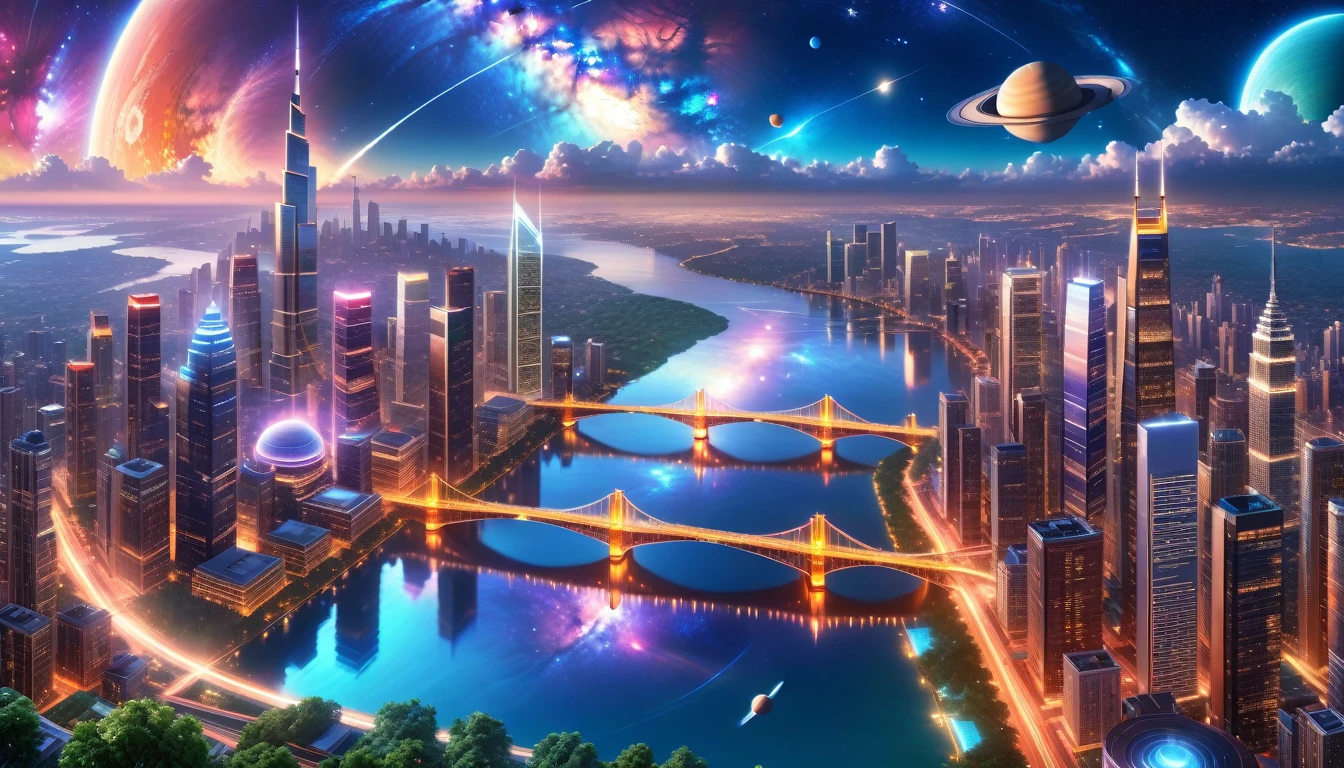 A Masterpiece In 32K Resolution, Supreme Quality, Super Detail, Official Art, Very High-Resolution 32K Wallpaper, Beautiful And Aesthetic, Ultra-Detailed Features, Awe-Inspiring Detail. A Modern Cityscape With Skyscrapers Blending Into A Vibrant Galaxy Stretching Across The Night Sky. The Light From Stars And Planets In The Galaxy Reflects Down Onto The Water Below. Surrounding The City Is A Lush Forest With Tall Trees And Dense Foliage, Creating A Harmony Between Nature And Technology. There Could Be A Small River Or Lake In The Forest, Reflecting The Glow Of The Galaxy Above.