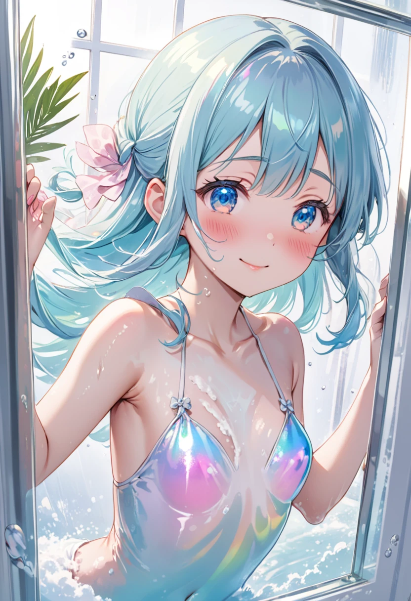 asterpiece, best quality, extremely detailed, (illustration, official art:1.1), 1 girl ,(((( light blue hair)))), , ((iridescent hair, half blue and half pink hair: 1.2)),,(((( light blue long hair)))),light blue hair, ,((blush)) , cute face, big eyes, masterpiece, best quality,(((((a very delicate and beautiful girl))))),Amazing,beautiful detailed eyes,blunt bangs((((little delicate girl)))),(((tareme))),droopy eyes.(true beautiful:1.2), sense of depth,dynamic angle,,,, affectionate smile, (true beautiful:1.2),,(tiny 1girl model:1.2),)((((flat chest)))),score_9, score_8_up, score_7_up,source_anime, high res image,masterpiece,best quality,highly detailed,rating_Explicit,NSFW BREAK (glass-walled shower room:1.0),shower hed,running water, (1girl presses her body against the glass:1.3),(steam:1.2),(palm put on glass:1.1), BREAK 1girl, solo forcas,(kawaii,cute:1.3),(shiny skin:1.2),ideal ratio body proportions,,(loli face),smile,wet hair,wet body, (wearing bikini,shiny pink swimwear:1.0),,(topless,nipples),enbarrased,(((,Pressing my body against the glass, covered in foam,torogao,half close eye)))