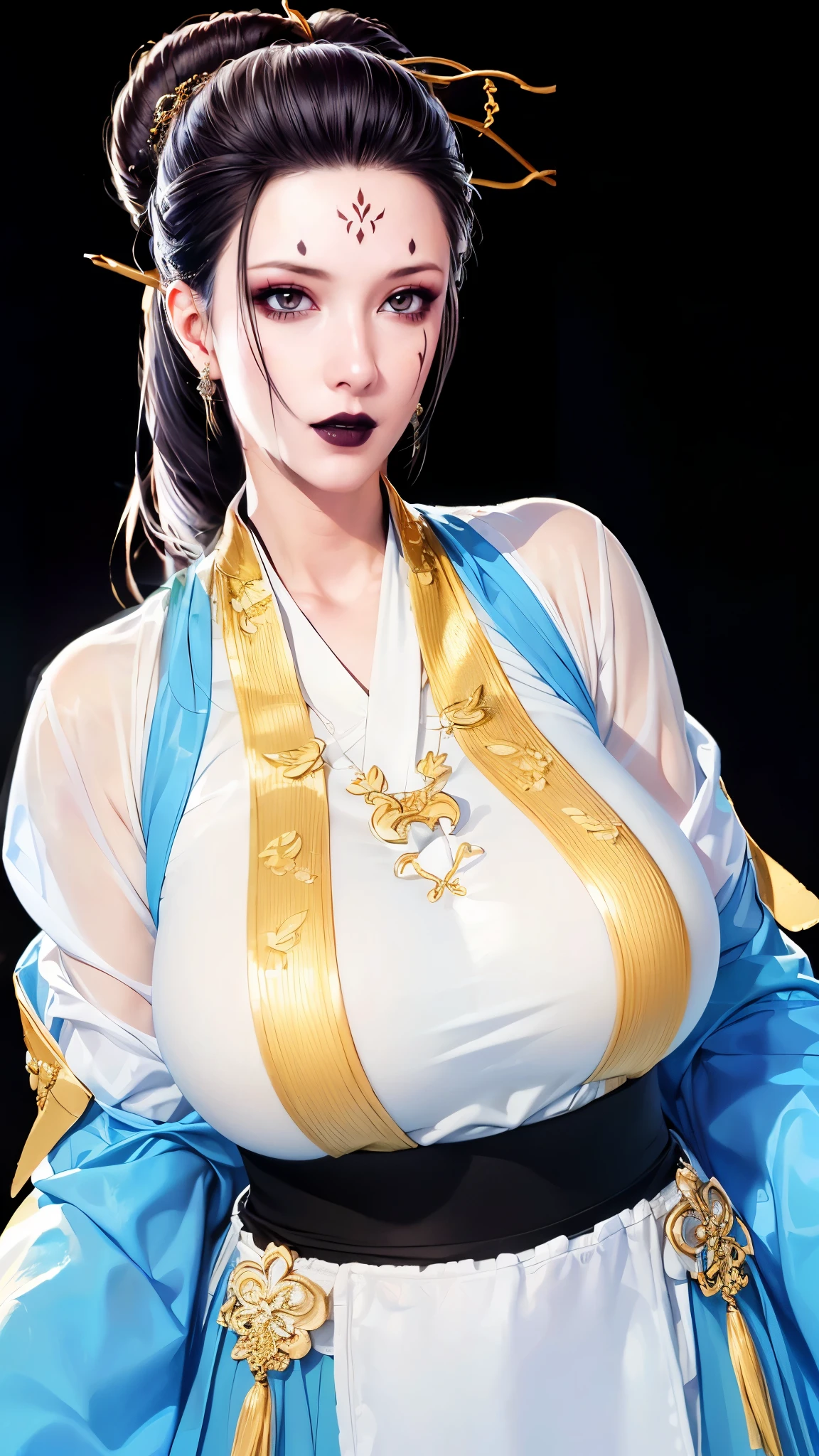 (（（figure，御姐figure,White and tender skin,(((Hanfu,blue and gold Hanfu))),(((black hair,hair ornament,hair stick,makeup,forehead mark,facial mark,lipstick,black lips,))),((masterpiece)),highres,((Best quality at best)),masterpiece,quality,Best quality,(（（ Exquisite facial features,Looking at the audience,There is light in the eyes, happy，cheer））），Huge breasts，Black background））），((((a girl, very happy, )))),