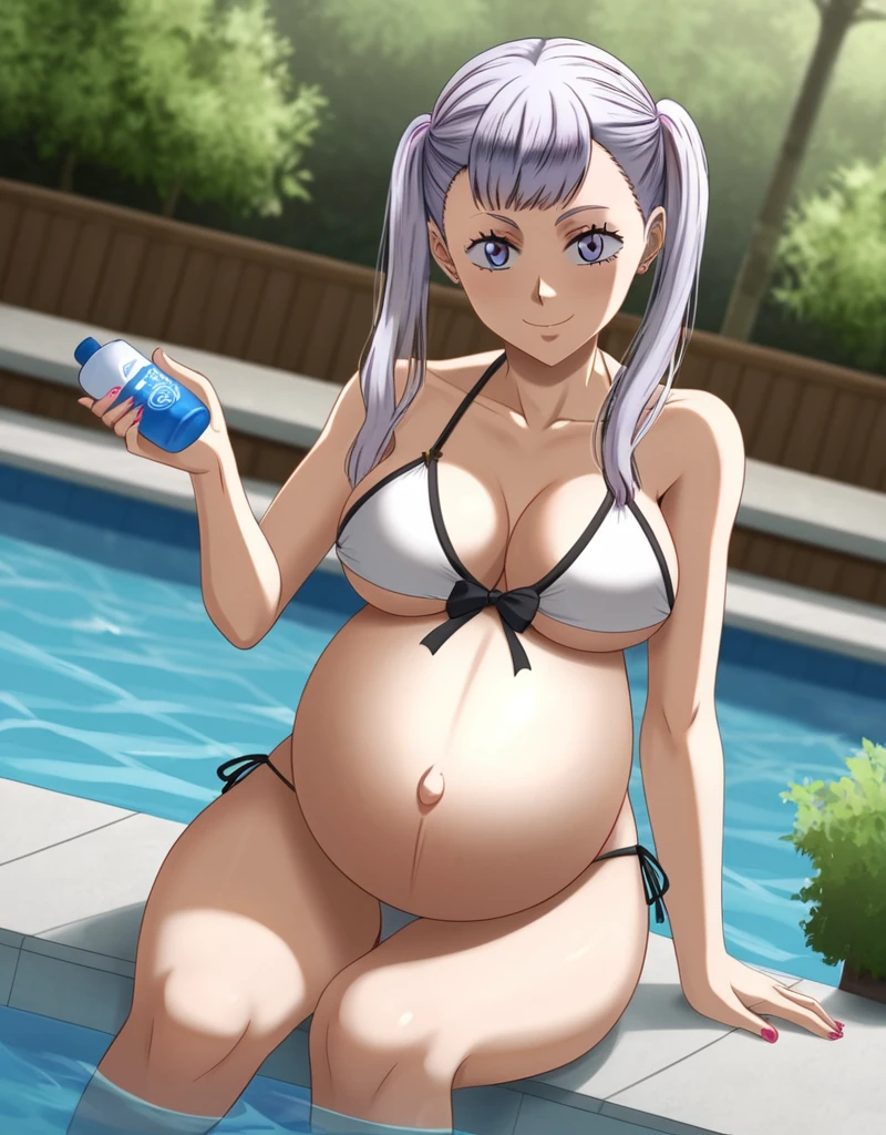 noelle_blackclover, Noelle Silva, Black Clover, long silver hair, waist-length hair, half-up half-down hairstyle, ribbon, side-parted bangs, almond-shaped blue eyes, high-quality, ultra-detailed, beast quality, 8K resolution,
looking at viewer, dutch angle, cowboy shot, smile, pregnant belly, large belly, big belly, big Breasts, belly button, bikini, panties, Posing, sitting, pool, apply sunscreen,
1girl, solo, happy, Smiling, Posing,
full body, Nail polish, 