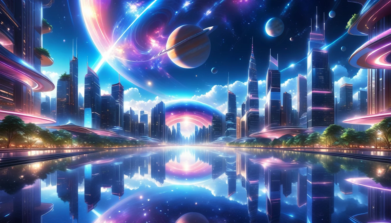 A Masterpiece In 32K Resolution, Supreme Quality, Super Detail, Official Art, Very High-Resolution 32K Wallpaper, Beautiful And Aesthetic, Ultra-Detailed Features, Awe-Inspiring Detail. A Modern Cityscape With Skyscrapers Blending Into A Vibrant Galaxy Stretching Across The Night Sky. The Light From Stars And Planets In The Galaxy Reflects Down Onto The Water Below. Surrounding The City Is A Lush Forest With Tall Trees And Dense Foliage, Creating A Harmony Between Nature And Technology. There Could Be A Small River Or Lake In The Forest, Reflecting The Glow Of The Galaxy Above.