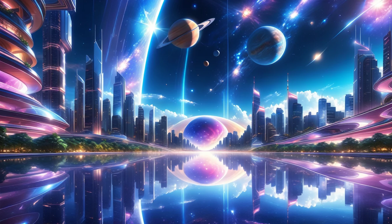 A Masterpiece In 32K Resolution, Supreme Quality, Super Detail, Official Art, Very High-Resolution 32K Wallpaper, Beautiful And Aesthetic, Ultra-Detailed Features, Awe-Inspiring Detail. A Modern Cityscape With Skyscrapers Blending Into A Vibrant Galaxy Stretching Across The Night Sky. The Light From Stars And Planets In The Galaxy Reflects Down Onto The Water Below. Surrounding The City Is A Lush Forest With Tall Trees And Dense Foliage, Creating A Harmony Between Nature And Technology. There Could Be A Small River Or Lake In The Forest, Reflecting The Glow Of The Galaxy Above.