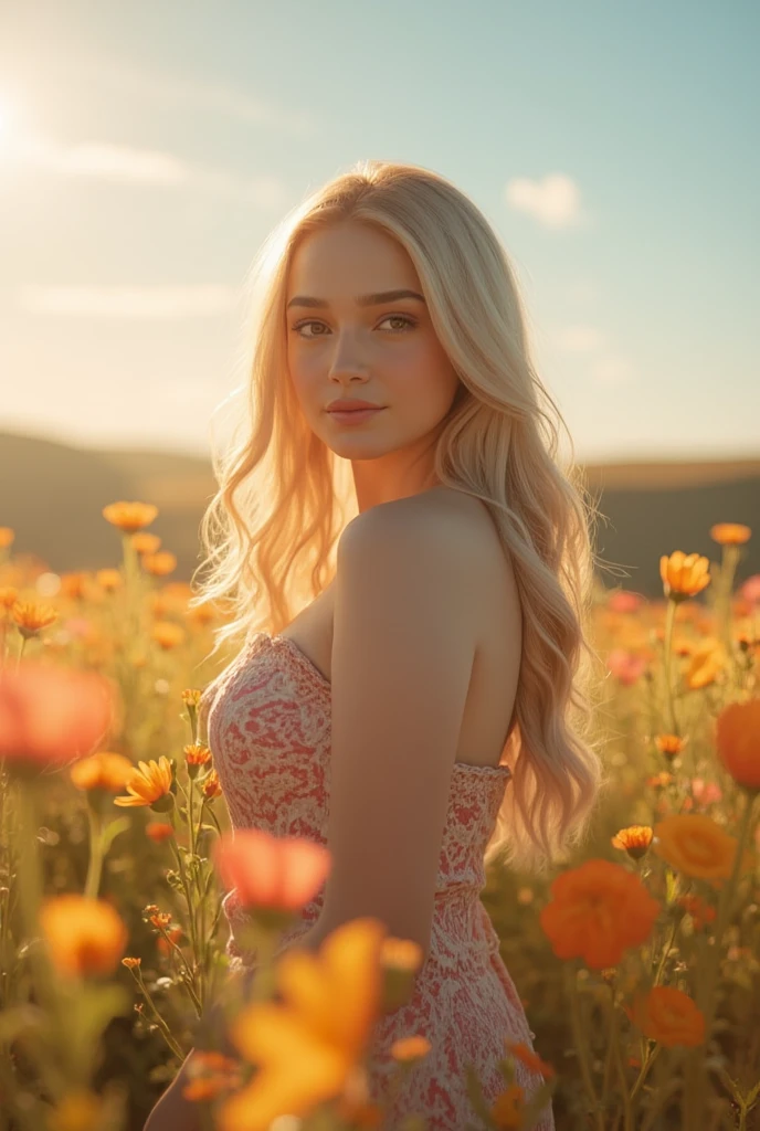 a young woman in a sundress, beautiful detailed eyes, beautiful detailed lips, extremely detailed face, long eyelashes, flowing blonde hair, serene expression, warm sunlight, field of wildflowers, idyllic countryside landscape, vibrant colors, (best quality,4k,8k,highres,masterpiece:1.2),ultra-detailed,(realistic,photorealistic,photo-realistic:1.37),natural lighting,concept art