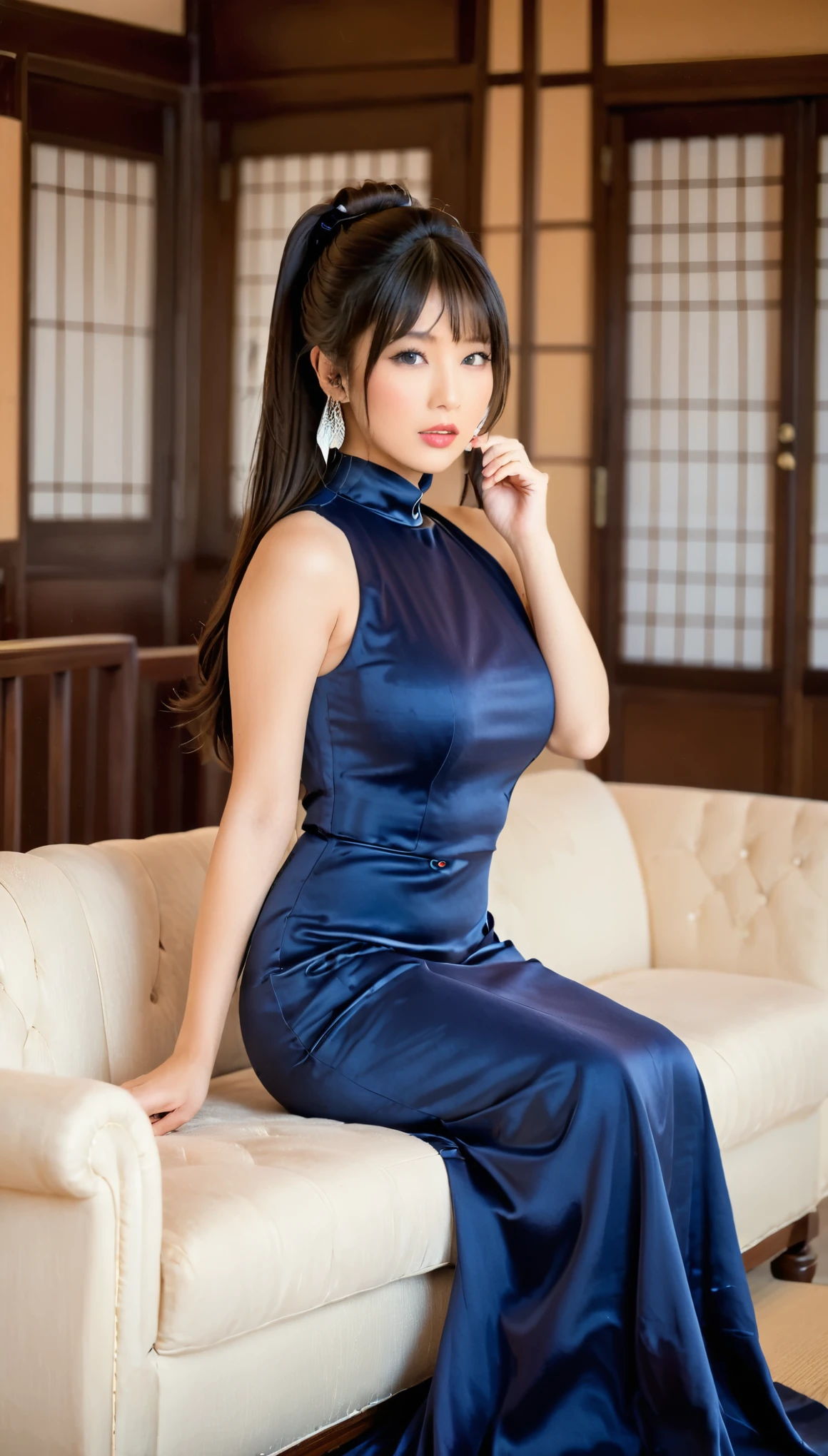 (masterpiece,Best Quality,Ultra-high resolution),Inside the Western-style building,One Japanese woman,In heat,A seductive and alluring expression,Her beautiful long hair is tied back,bangs,Baby Face,Pursing his lips, (((Very beautiful 20 year old))),Big Breasts、Breast bag,(Navy blue satin high neck mermaid silhouette dress:1.5),(Tight fit),Bodyline,Satin Opera Gloves、Satin has a very strong luster、(He is spreading his arms wide out to the sides, facing me.)),(Lying on the sofa with legs spread:1.8),Satin black panties