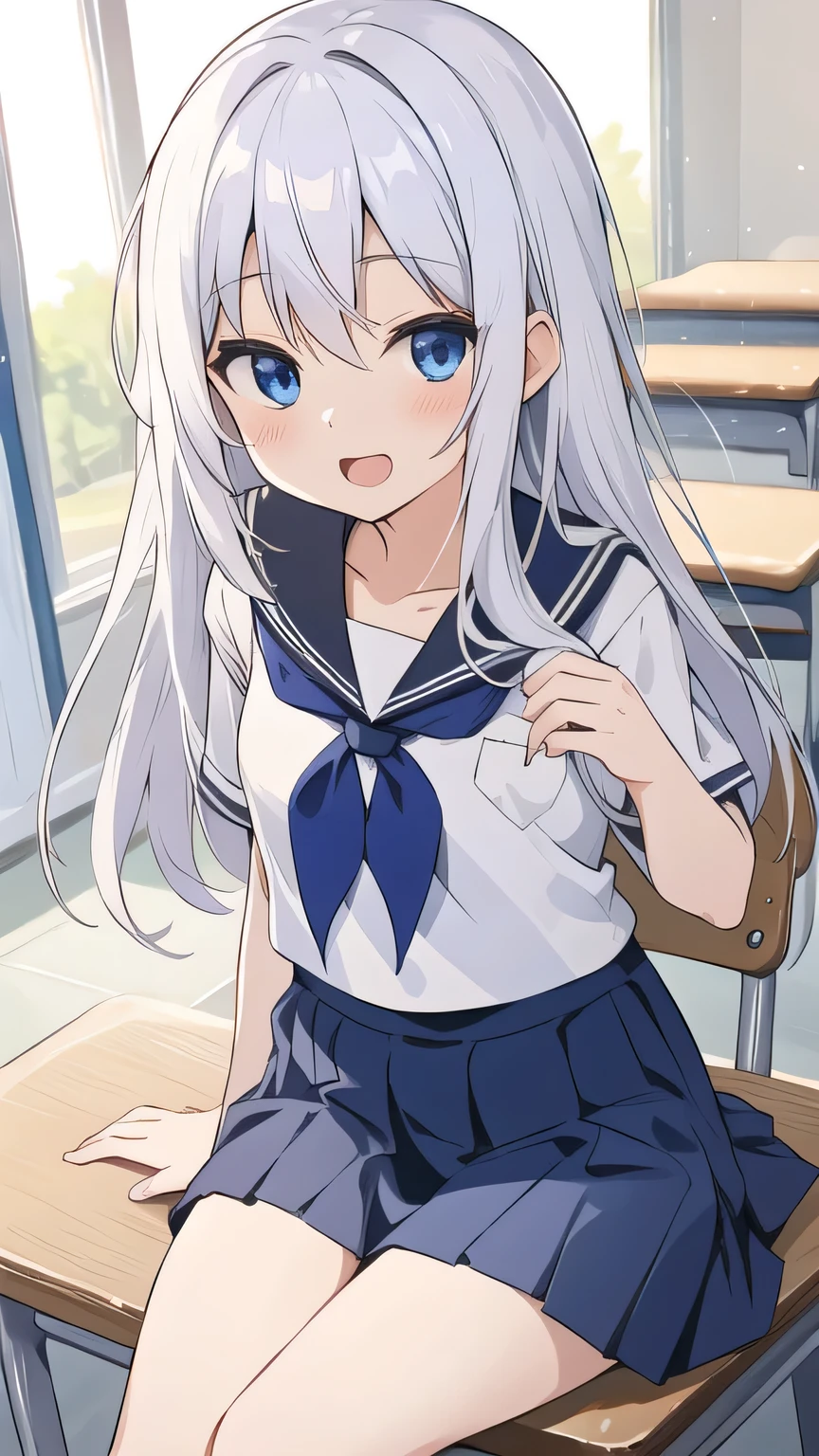 cute girl, アニメ, silver hair, straight hair, Blue eyes, (young:0.9), (small bust:0.5), (cute:1.3), (middle bust:0.8), (cute girl:1.2), cowboy shot, cute, side shot, (Smail:1.3), open mouth, backwards, (sit down:1.4), (white school uniform:1.6), (dark blue skirt:1.5), (ローアングル:1.4), close eyes, (seduce:1.4), open leg, o-face, show panties