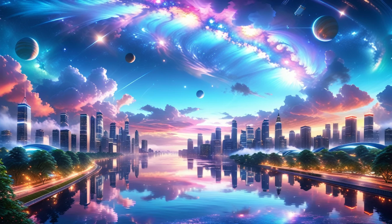 A Masterpiece In 32K Resolution, Supreme Quality, Super Detail, Official Art, Very High-Resolution 32K Wallpaper, Beautiful And Aesthetic, Ultra-Detailed Features, Awe-Inspiring Detail. A Modern Cityscape With Skyscrapers Blending Into A Vibrant Galaxy Stretching Across The Night Sky. The Light From Stars And Planets In The Galaxy Reflects Down Onto The Water Below. Surrounding The City Is A Lush Forest With Tall Trees And Dense Foliage, Creating A Harmony Between Nature And Technology. There Could Be A Small River Or Lake In The Forest, Reflecting The Glow Of The Galaxy Above.