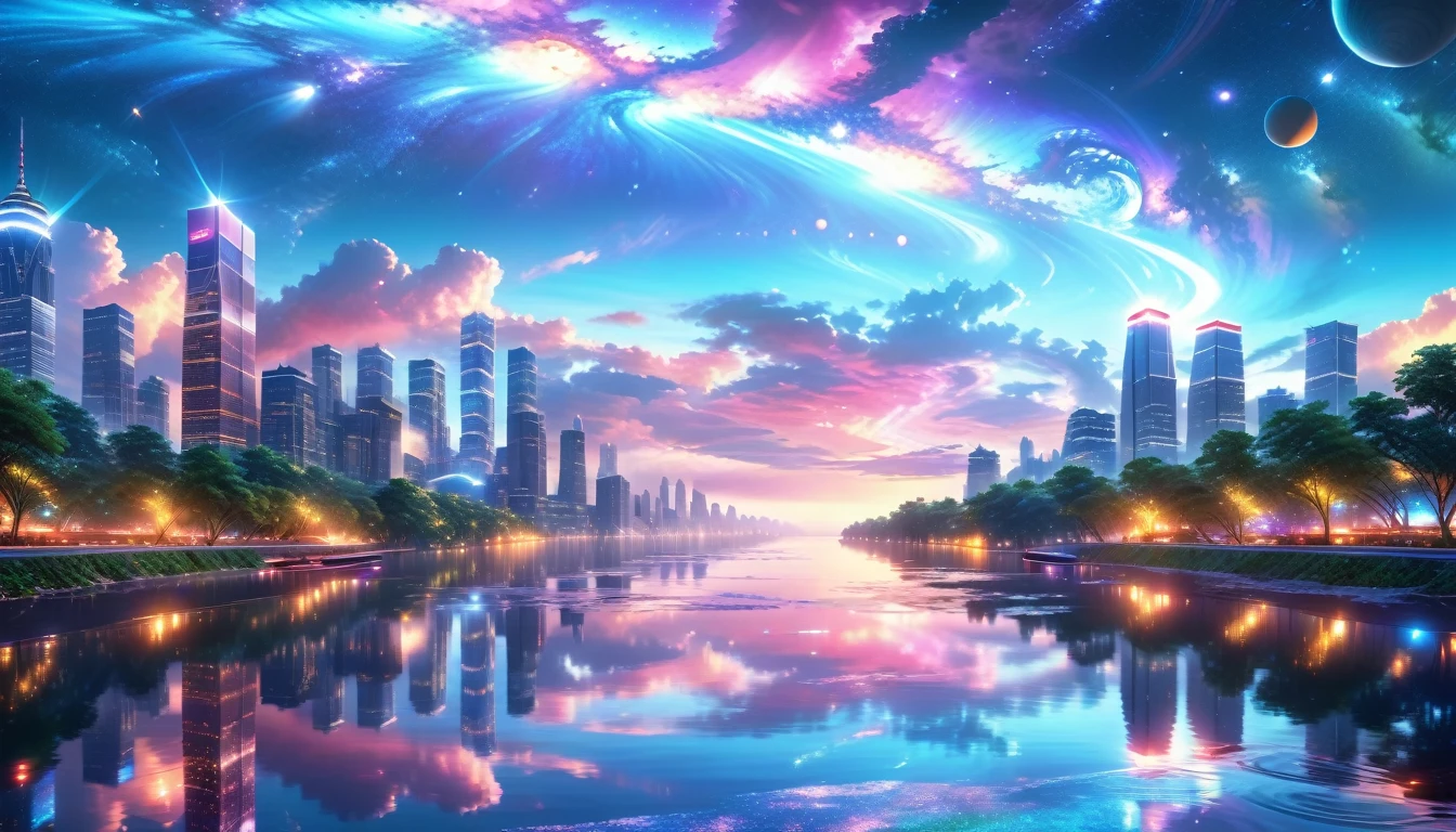 A Masterpiece In 32K Resolution, Supreme Quality, Super Detail, Official Art, Very High-Resolution 32K Wallpaper, Beautiful And Aesthetic, Ultra-Detailed Features, Awe-Inspiring Detail. A Modern Cityscape With Skyscrapers Blending Into A Vibrant Galaxy Stretching Across The Night Sky. The Light From Stars And Planets In The Galaxy Reflects Down Onto The Water Below. Surrounding The City Is A Lush Forest With Tall Trees And Dense Foliage, Creating A Harmony Between Nature And Technology. There Could Be A Small River Or Lake In The Forest, Reflecting The Glow Of The Galaxy Above.