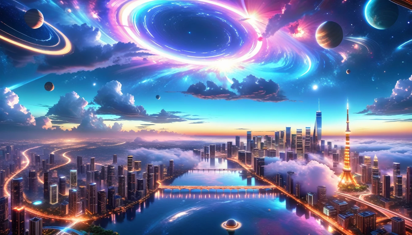 A Masterpiece In 32K Resolution, Supreme Quality, Super Detail, Official Art, Very High-Resolution 32K Wallpaper, Beautiful And Aesthetic, Ultra-Detailed Features, Awe-Inspiring Detail. A Modern Cityscape With Skyscrapers Blending Into A Vibrant Galaxy Stretching Across The Night Sky. The Light From Stars And Planets In The Galaxy Reflects Down Onto The Water Below. Surrounding The City Is A Lush Forest With Tall Trees And Dense Foliage, Creating A Harmony Between Nature And Technology. There Could Be A Small River Or Lake In The Forest, Reflecting The Glow Of The Galaxy Above.