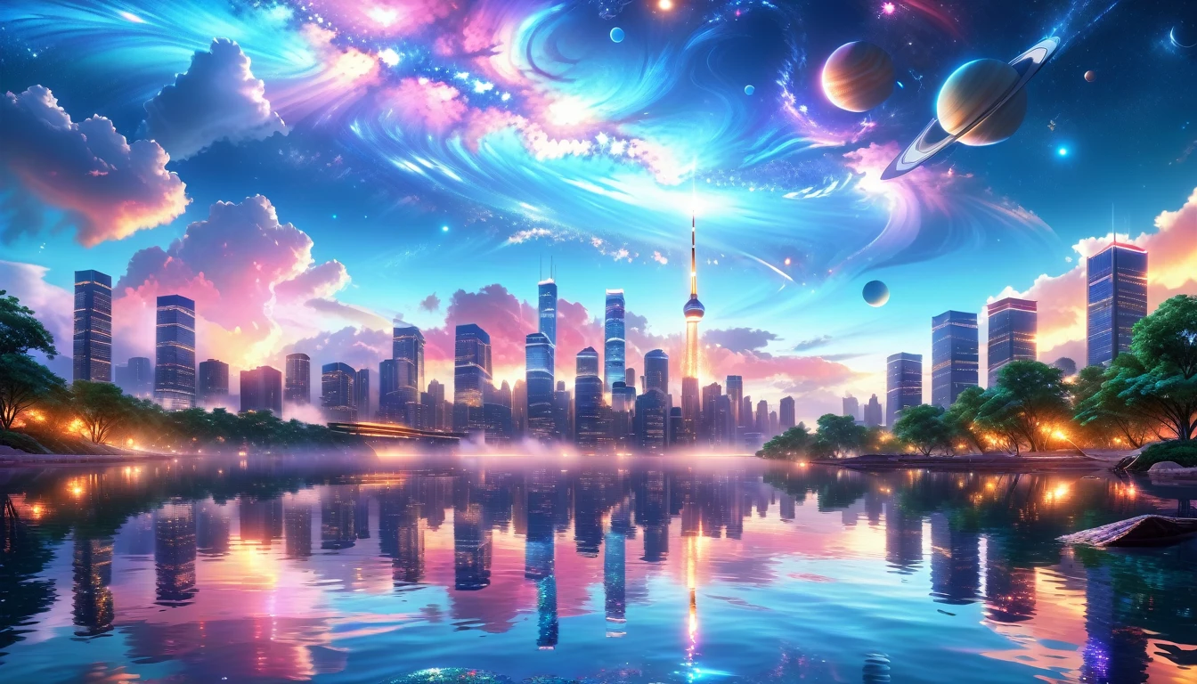 A Masterpiece In 32K Resolution, Supreme Quality, Super Detail, Official Art, Very High-Resolution 32K Wallpaper, Beautiful And Aesthetic, Ultra-Detailed Features, Awe-Inspiring Detail. A Modern Cityscape With Skyscrapers Blending Into A Vibrant Galaxy Stretching Across The Night Sky. The Light From Stars And Planets In The Galaxy Reflects Down Onto The Water Below. Surrounding The City Is A Lush Forest With Tall Trees And Dense Foliage, Creating A Harmony Between Nature And Technology. There Could Be A Small River Or Lake In The Forest, Reflecting The Glow Of The Galaxy Above.