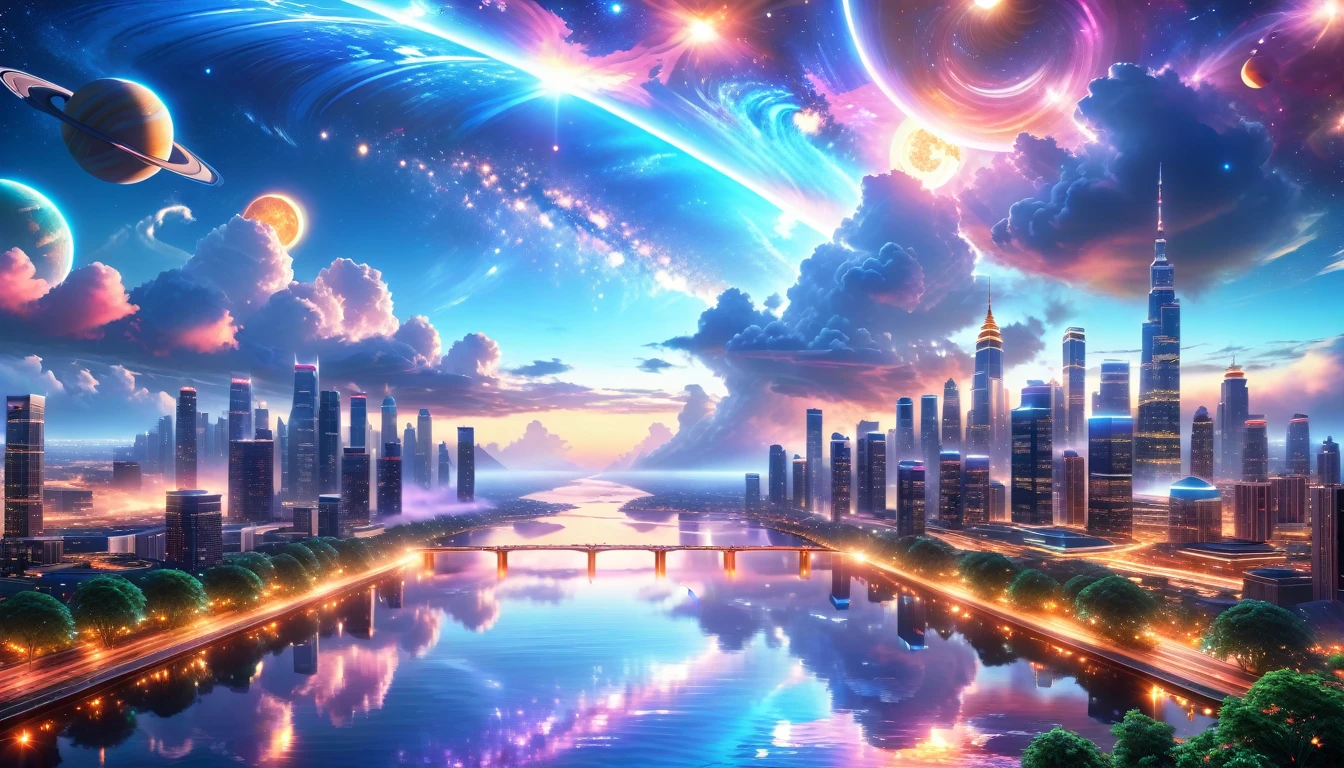 A Masterpiece In 32K Resolution, Supreme Quality, Super Detail, Official Art, Very High-Resolution 32K Wallpaper, Beautiful And Aesthetic, Ultra-Detailed Features, Awe-Inspiring Detail. A Modern Cityscape With Skyscrapers Blending Into A Vibrant Galaxy Stretching Across The Night Sky. The Light From Stars And Planets In The Galaxy Reflects Down Onto The Water Below. Surrounding The City Is A Lush Forest With Tall Trees And Dense Foliage, Creating A Harmony Between Nature And Technology. There Could Be A Small River Or Lake In The Forest, Reflecting The Glow Of The Galaxy Above.