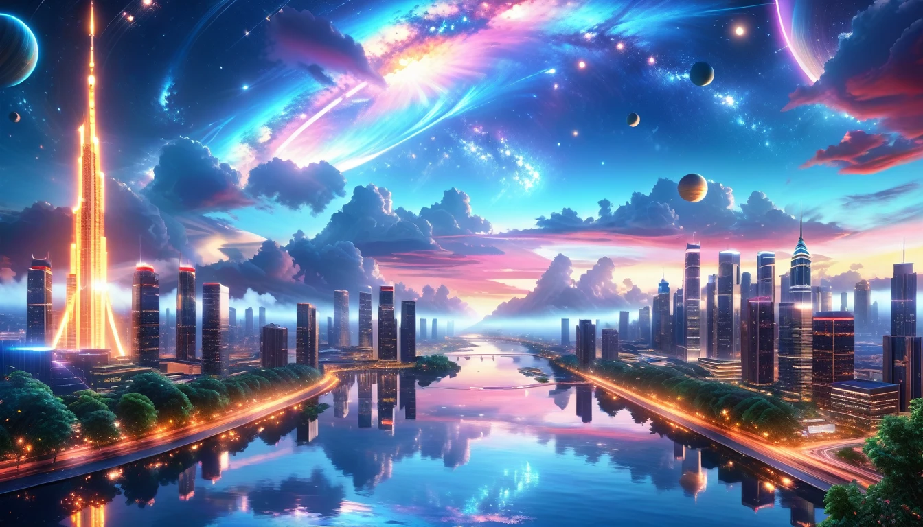 A Masterpiece In 32K Resolution, Supreme Quality, Super Detail, Official Art, Very High-Resolution 32K Wallpaper, Beautiful And Aesthetic, Ultra-Detailed Features, Awe-Inspiring Detail. A Modern Cityscape With Skyscrapers Blending Into A Vibrant Galaxy Stretching Across The Night Sky. The Light From Stars And Planets In The Galaxy Reflects Down Onto The Water Below. Surrounding The City Is A Lush Forest With Tall Trees And Dense Foliage, Creating A Harmony Between Nature And Technology. There Could Be A Small River Or Lake In The Forest, Reflecting The Glow Of The Galaxy Above.