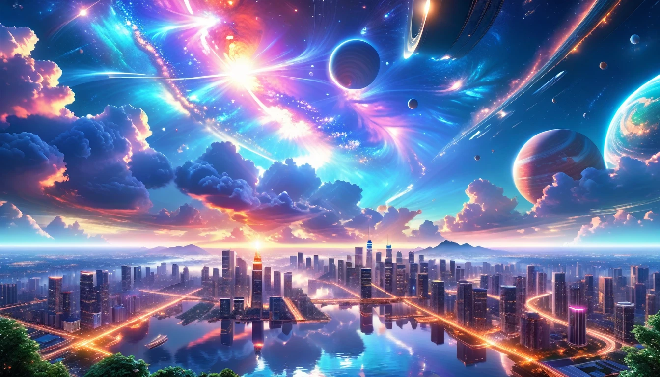 A Masterpiece In 32K Resolution, Supreme Quality, Super Detail, Official Art, Very High-Resolution 32K Wallpaper, Beautiful And Aesthetic, Ultra-Detailed Features, Awe-Inspiring Detail. A Modern Cityscape With Skyscrapers Blending Into A Vibrant Galaxy Stretching Across The Night Sky. The Light From Stars And Planets In The Galaxy Reflects Down Onto The Water Below. Surrounding The City Is A Lush Forest With Tall Trees And Dense Foliage, Creating A Harmony Between Nature And Technology. There Could Be A Small River Or Lake In The Forest, Reflecting The Glow Of The Galaxy Above.