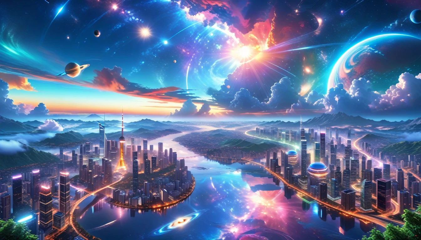 A Masterpiece In 32K Resolution, Supreme Quality, Super Detail, Official Art, Very High-Resolution 32K Wallpaper, Beautiful And Aesthetic, Ultra-Detailed Features, Awe-Inspiring Detail. A Modern Cityscape With Skyscrapers Blending Into A Vibrant Galaxy Stretching Across The Night Sky. The Light From Stars And Planets In The Galaxy Reflects Down Onto The Water Below. Surrounding The City Is A Lush Forest With Tall Trees And Dense Foliage, Creating A Harmony Between Nature And Technology. There Could Be A Small River Or Lake In The Forest, Reflecting The Glow Of The Galaxy Above.