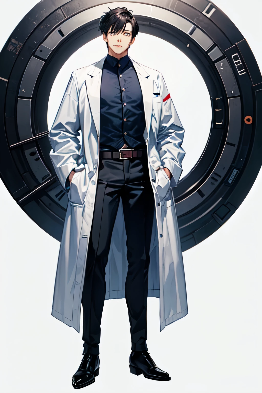 (Doctor, Best Quality, Detailed, Adult, Mature), (Full Body, Perfect Hands, 1 Male), 1 Male, Solo, Grey Eyes, Black Hair, Short Hair, White Lab Coat, Blue Shirt, Black Pants, Boots, ((White Background)),