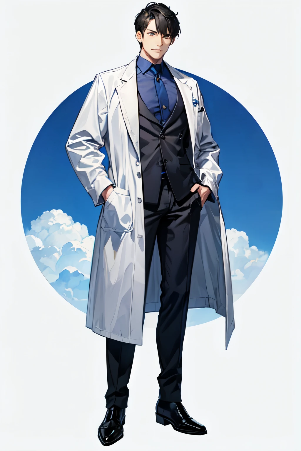 (Doctor, Best Quality, Detailed, Adult, Mature), (Full Body, Perfect Hands, 1 Male), 1 Male, Solo, Grey Eyes, Black Hair, Short Hair, White Lab Coat, Blue Shirt, Black Pants, Boots, ((White Background)),