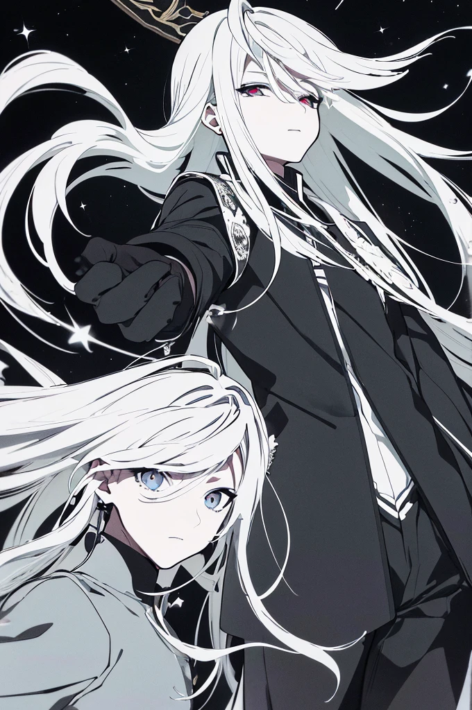 Old hair,White hair, The appearance of the sky, A god-like being from mythology, The night sky above the sky,Walking and gesturing upwards, A gorgeous and beautiful look in black and white,Gender Female, Hair that shines like moonlight, The sight of a blue sword falling like a star,Thick eyes, Red eyes and black clothes