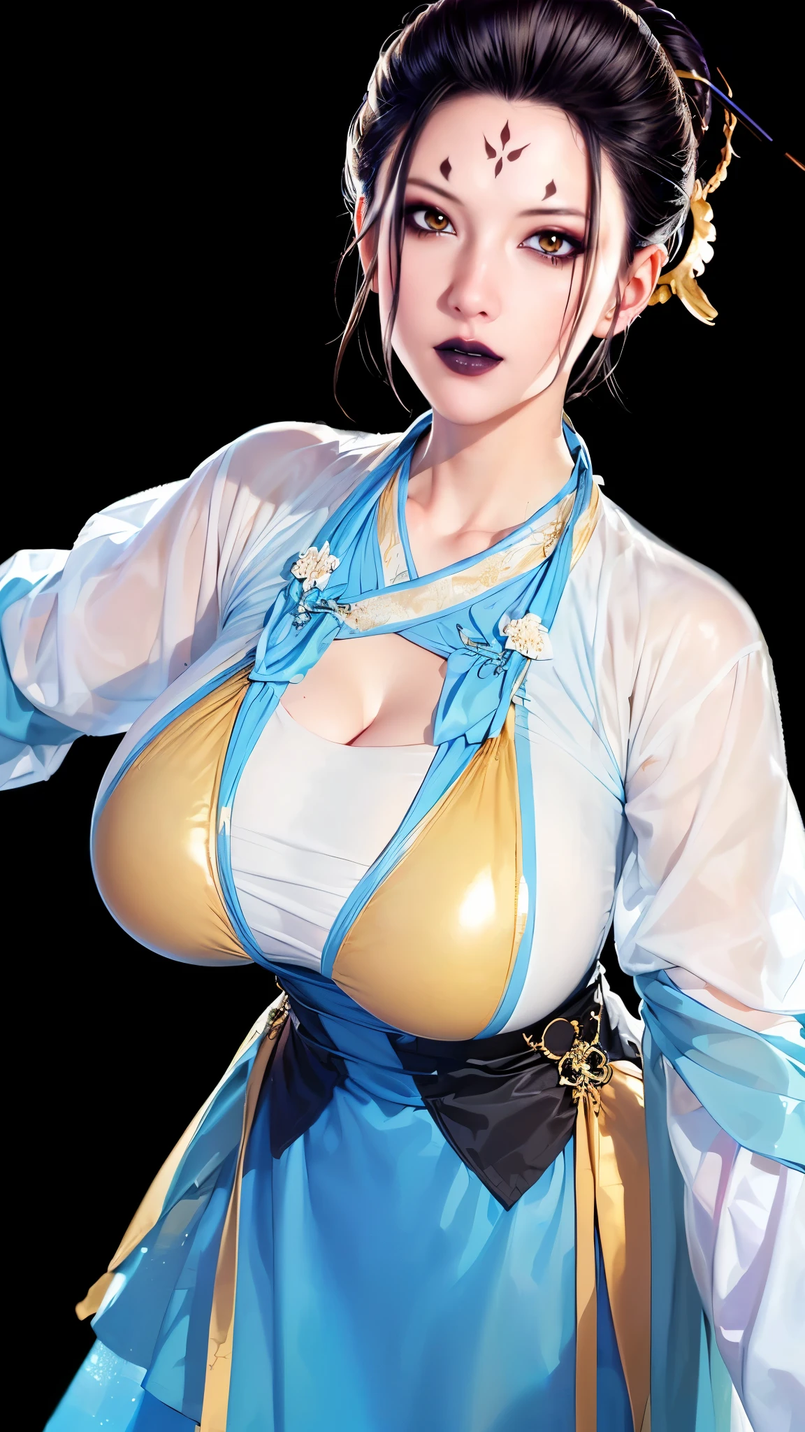 (（（figure，御姐figure,White and tender skin,(((Hanfu,blue and gold Hanfu))),(((black hair,hair ornament,hair stick,makeup,forehead mark,facial mark,lipstick,black lips,))),((masterpiece)),highres,((Best quality at best)),masterpiece,quality,Best quality,(（（ Exquisite facial features,Looking at the audience,There is light in the eyes, happy，cheer））），Huge breasts，Black background））），((((a girl, very happy, )))),