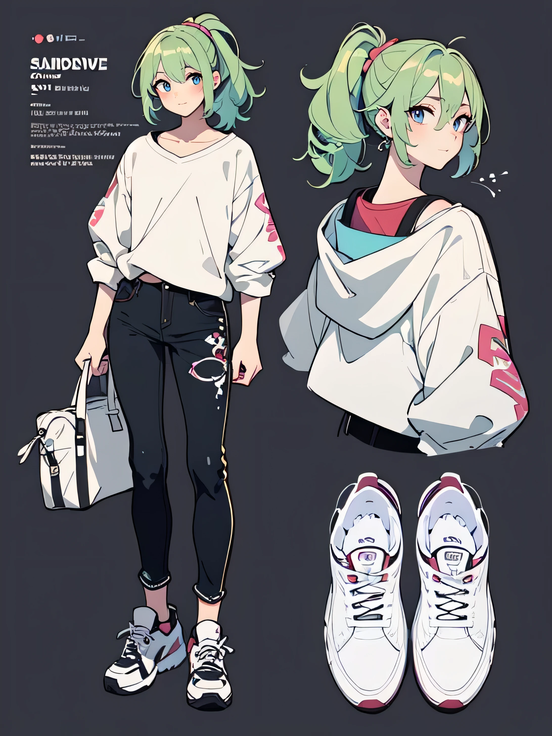 longeyelashes, light smile, Droopy eyes, Green Hair, male, Full Body Design, Concept Art, Character Design, Anime Art, Private Server, sneakers, stylish, sporty, jeans, Tight tops, ponytail, surrealism, drop shadow, anaglyph, stereogram, tachi-e, throw, atmospheric perspective, Simple Background, modern style, 8k, super detail, best quality