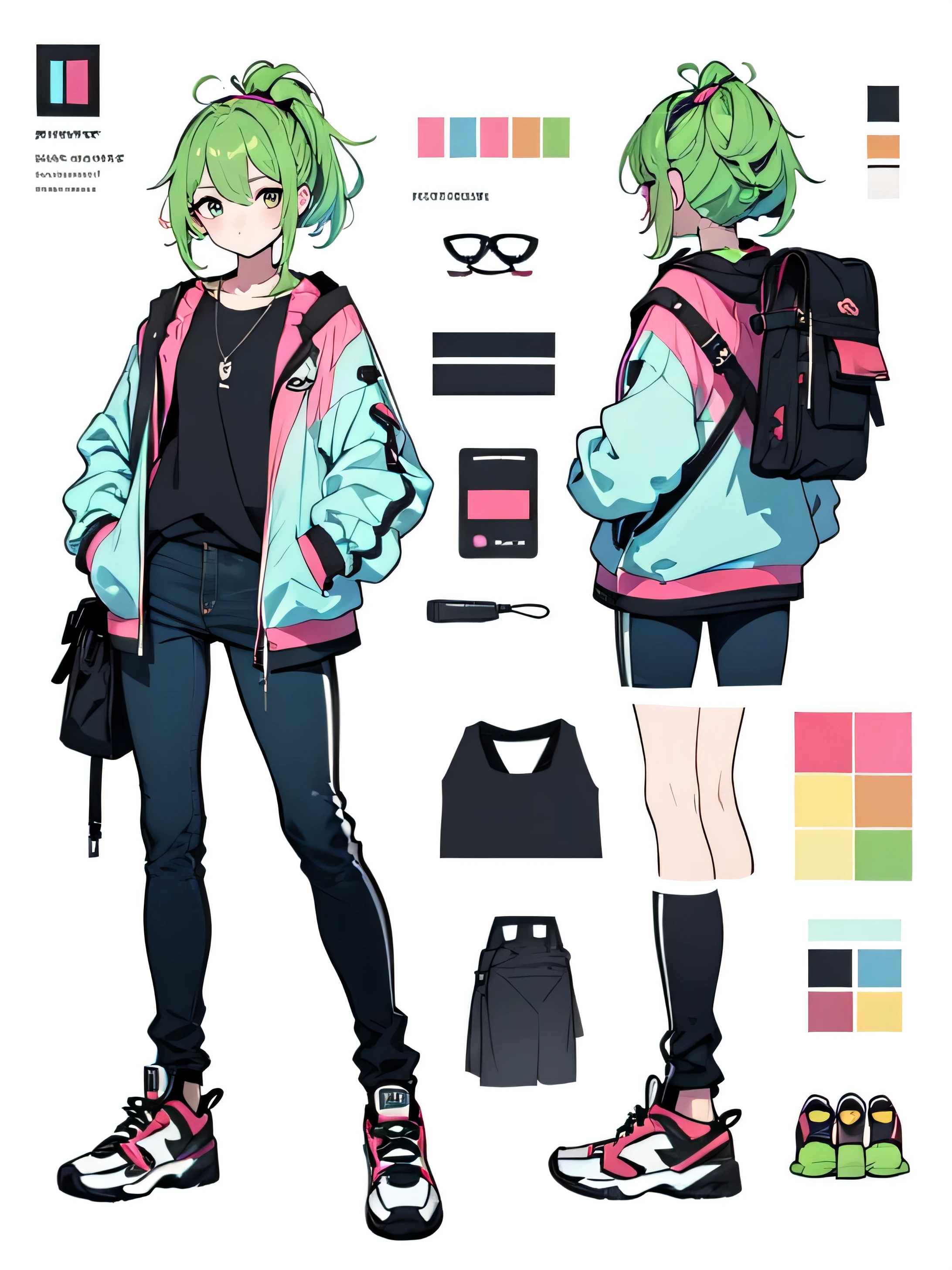 longeyelashes, light smile, Droopy eyes, Green Hair, male, Full Body Design, Concept Art, Character Design, Anime Art, Private Server, sneakers, stylish, sporty, jeans, Tight tops, ponytail, surrealism, drop shadow, anaglyph, stereogram, tachi-e, throw, atmospheric perspective, Simple Background, modern style, 8k, super detail, best quality