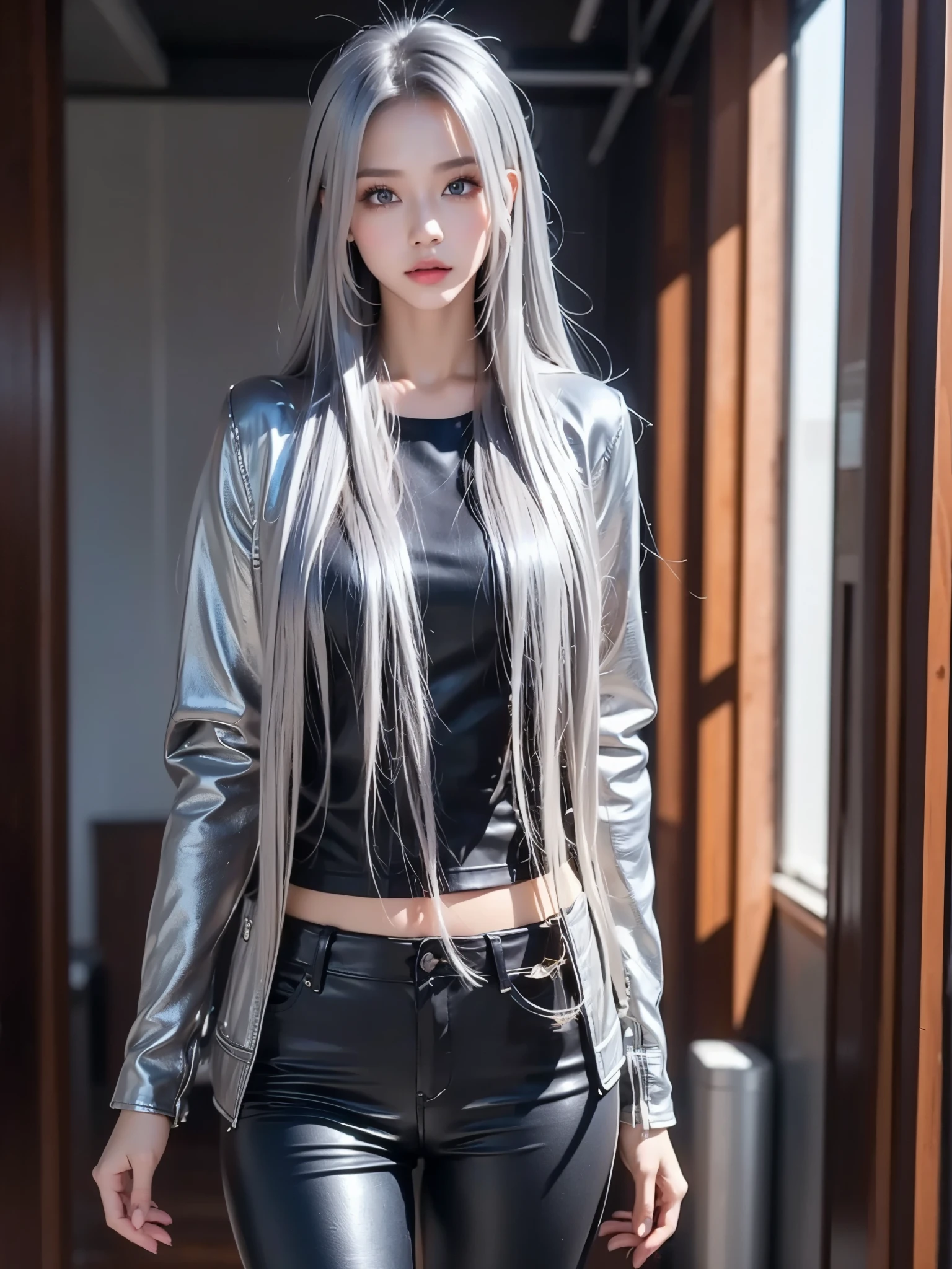 (Long silver hair:1.5),Beautiful 2 Indian female vampire mercenary, Brown Skin, (Wearing a blue leather jacket、Wearing tight black pants;1.3), He has a rifle., View from the front, Waist up shot, singer,Singing Pose, Ambient Lighting, Photorealistic, Intricate facial details, Exquisite handcrafted details, Very detailed, Vibrant colors, cinematic, High resolution, Trending Styles on Artstation Raw