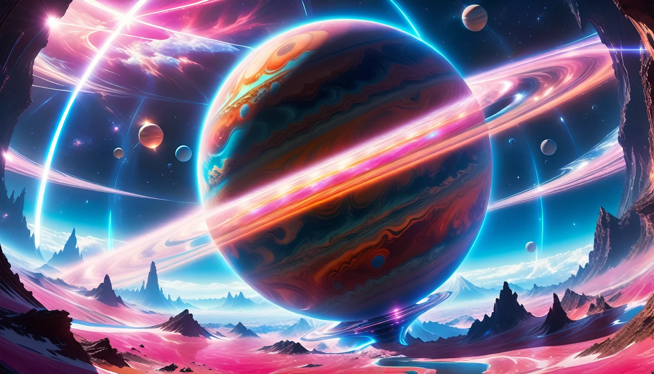 A Masterpiece In 32K Resolution, Supreme Quality, Super Detail, Official Art, Very High-Resolution 32K Wallpaper, Beautiful And Aesthetic, Ultra-Detailed Features, Awe-Inspiring Detail. Cosmic, Otherworldly, And Breathtakingly Dreamlike Scene Set On A Vibrant, Alien Planet. The Otherworldly Landscape Is Filled With Colorful, Intricate Patterns And Vibrant Contrasts, Creating A Sense Of Both Mystery And Wonder. A Giant Planet Resembling Jupiter Looms In The Background, Bathed In An Ethereal Glow, While Swirling Deep Space Nebulas And Vivid Pink Hues Fill The Sky. The Atmosphere Is Alive With An Energetic, Almost Surreal Quality, Enhanced By The Use Of Long Exposure, Giving A Cinematic, Epic Feel. This Abstract, Alien World Blends The Surreal With The Futuristic, Featuring Epic Structures And Otherworldly Beauty. The Colors Are Bold, Saturated, And Highly Contrasting, Giving The Entire Scene A Crazy Yet Gorgeous Visual Identity.