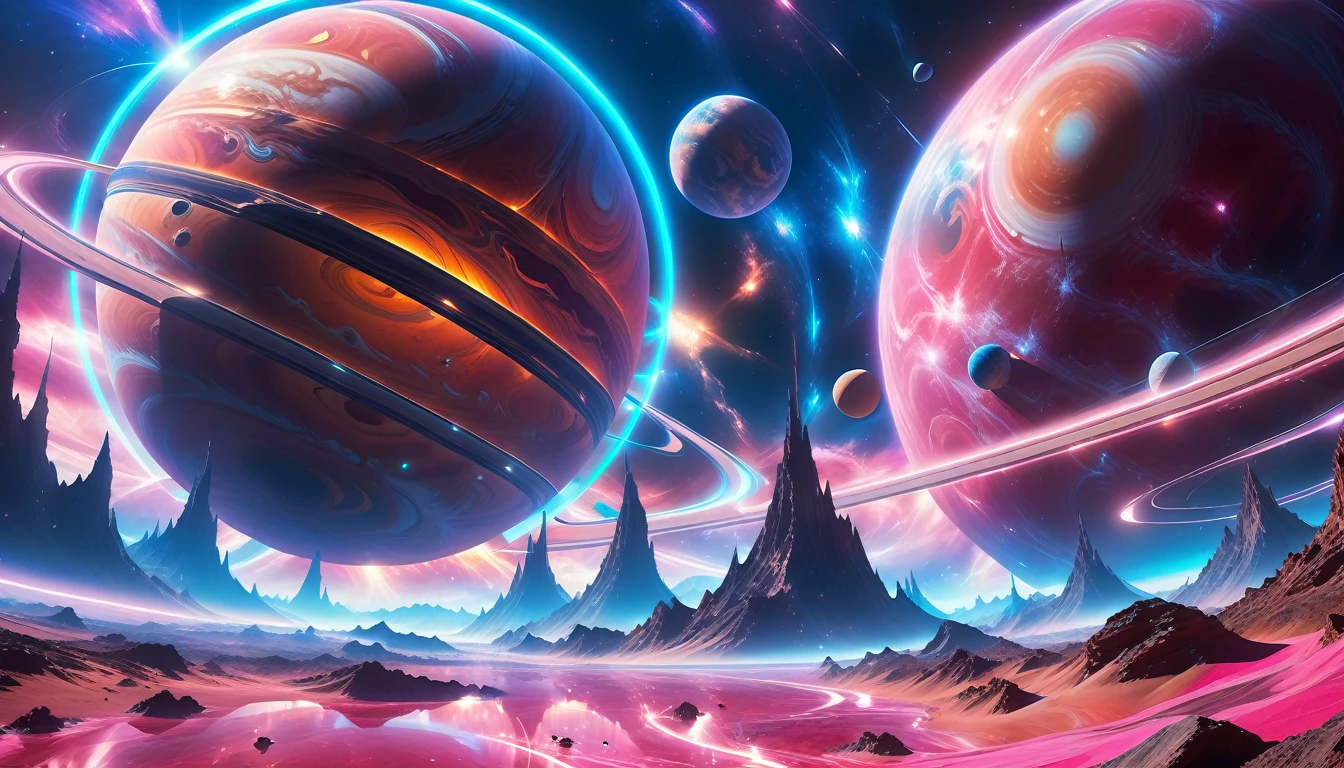 A Masterpiece In 32K Resolution, Supreme Quality, Super Detail, Official Art, Very High-Resolution 32K Wallpaper, Beautiful And Aesthetic, Ultra-Detailed Features, Awe-Inspiring Detail. Cosmic, Otherworldly, And Breathtakingly Dreamlike Scene Set On A Vibrant, Alien Planet. The Otherworldly Landscape Is Filled With Colorful, Intricate Patterns And Vibrant Contrasts, Creating A Sense Of Both Mystery And Wonder. A Giant Planet Resembling Jupiter Looms In The Background, Bathed In An Ethereal Glow, While Swirling Deep Space Nebulas And Vivid Pink Hues Fill The Sky. The Atmosphere Is Alive With An Energetic, Almost Surreal Quality, Enhanced By The Use Of Long Exposure, Giving A Cinematic, Epic Feel. This Abstract, Alien World Blends The Surreal With The Futuristic, Featuring Epic Structures And Otherworldly Beauty. The Colors Are Bold, Saturated, And Highly Contrasting, Giving The Entire Scene A Crazy Yet Gorgeous Visual Identity.