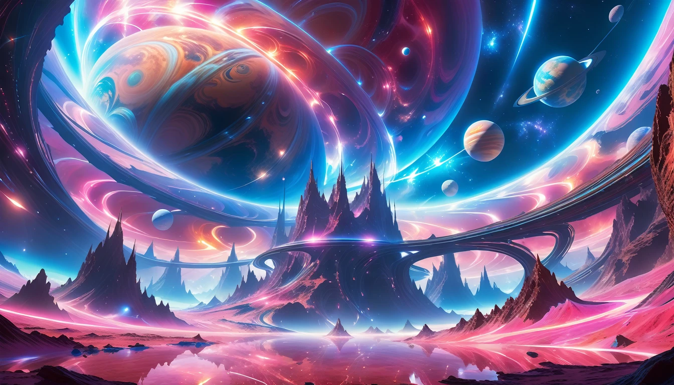 A Masterpiece In 32K Resolution, Supreme Quality, Super Detail, Official Art, Very High-Resolution 32K Wallpaper, Beautiful And Aesthetic, Ultra-Detailed Features, Awe-Inspiring Detail. Cosmic, Otherworldly, And Breathtakingly Dreamlike Scene Set On A Vibrant, Alien Planet. The Otherworldly Landscape Is Filled With Colorful, Intricate Patterns And Vibrant Contrasts, Creating A Sense Of Both Mystery And Wonder. A Giant Planet Resembling Jupiter Looms In The Background, Bathed In An Ethereal Glow, While Swirling Deep Space Nebulas And Vivid Pink Hues Fill The Sky. The Atmosphere Is Alive With An Energetic, Almost Surreal Quality, Enhanced By The Use Of Long Exposure, Giving A Cinematic, Epic Feel. This Abstract, Alien World Blends The Surreal With The Futuristic, Featuring Epic Structures And Otherworldly Beauty. The Colors Are Bold, Saturated, And Highly Contrasting, Giving The Entire Scene A Crazy Yet Gorgeous Visual Identity.