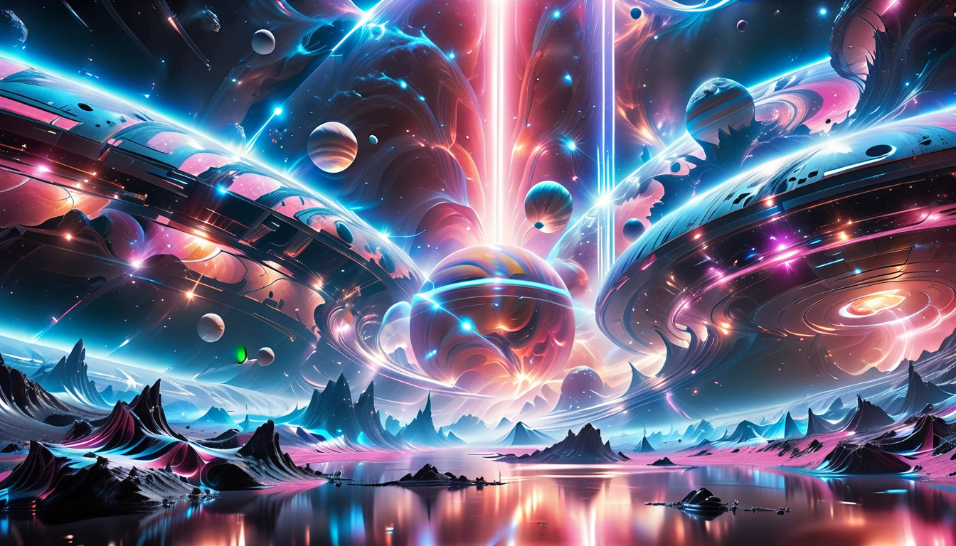 A Masterpiece In 32K Resolution, Supreme Quality, Super Detail, Official Art, Very High-Resolution 32K Wallpaper, Beautiful And Aesthetic, Ultra-Detailed Features, Awe-Inspiring Detail. Cosmic, Otherworldly, And Breathtakingly Dreamlike Scene Set On A Vibrant, Alien Planet. The Otherworldly Landscape Is Filled With Colorful, Intricate Patterns And Vibrant Contrasts, Creating A Sense Of Both Mystery And Wonder. A Giant Planet Resembling Jupiter Looms In The Background, Bathed In An Ethereal Glow, While Swirling Deep Space Nebulas And Vivid Pink Hues Fill The Sky. The Atmosphere Is Alive With An Energetic, Almost Surreal Quality, Enhanced By The Use Of Long Exposure, Giving A Cinematic, Epic Feel. This Abstract, Alien World Blends The Surreal With The Futuristic, Featuring Epic Structures And Otherworldly Beauty. The Colors Are Bold, Saturated, And Highly Contrasting, Giving The Entire Scene A Crazy Yet Gorgeous Visual Identity.