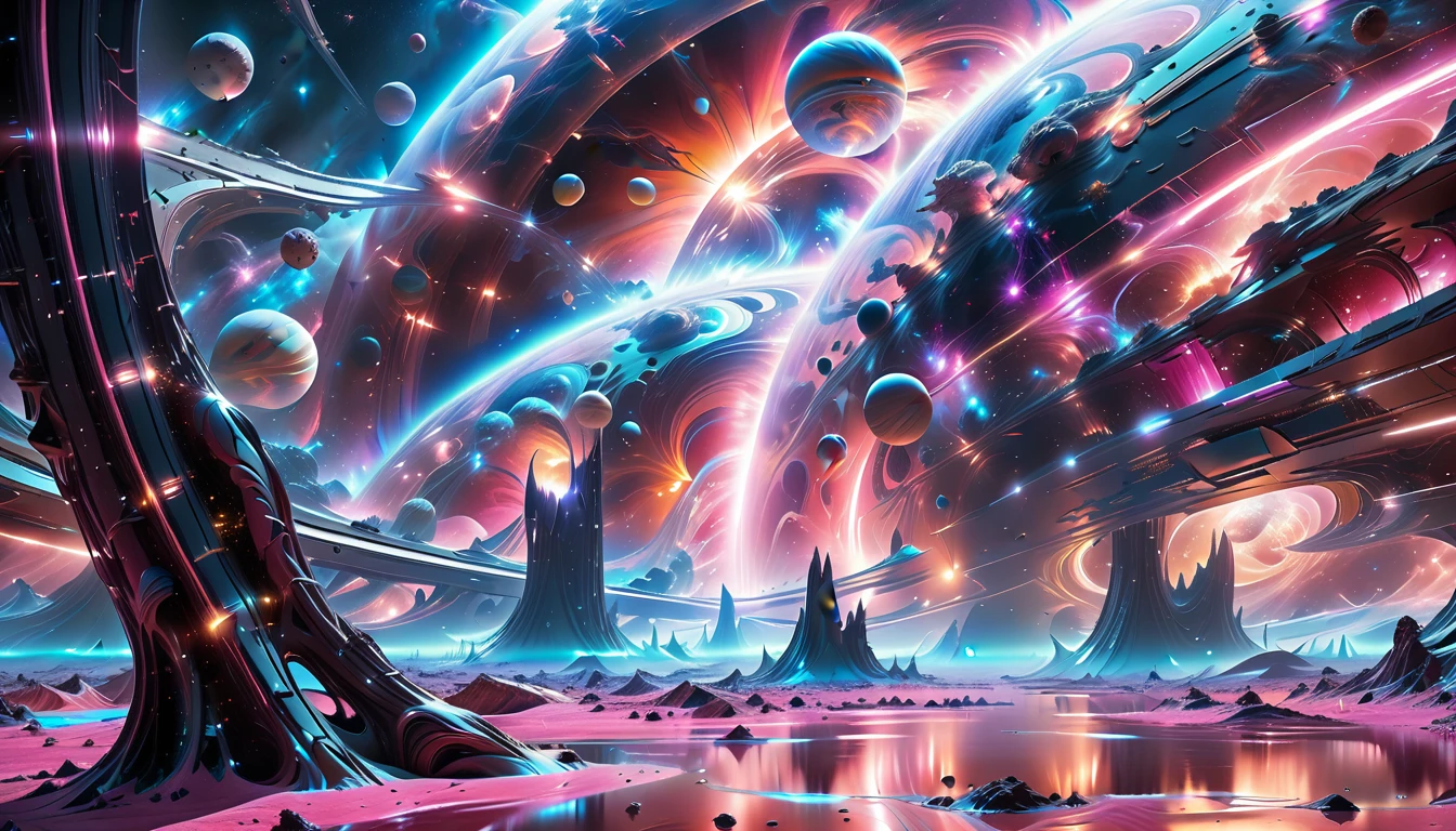 A Masterpiece In 32K Resolution, Supreme Quality, Super Detail, Official Art, Very High-Resolution 32K Wallpaper, Beautiful And Aesthetic, Ultra-Detailed Features, Awe-Inspiring Detail. Cosmic, Otherworldly, And Breathtakingly Dreamlike Scene Set On A Vibrant, Alien Planet. The Otherworldly Landscape Is Filled With Colorful, Intricate Patterns And Vibrant Contrasts, Creating A Sense Of Both Mystery And Wonder. A Giant Planet Resembling Jupiter Looms In The Background, Bathed In An Ethereal Glow, While Swirling Deep Space Nebulas And Vivid Pink Hues Fill The Sky. The Atmosphere Is Alive With An Energetic, Almost Surreal Quality, Enhanced By The Use Of Long Exposure, Giving A Cinematic, Epic Feel. This Abstract, Alien World Blends The Surreal With The Futuristic, Featuring Epic Structures And Otherworldly Beauty. The Colors Are Bold, Saturated, And Highly Contrasting, Giving The Entire Scene A Crazy Yet Gorgeous Visual Identity.