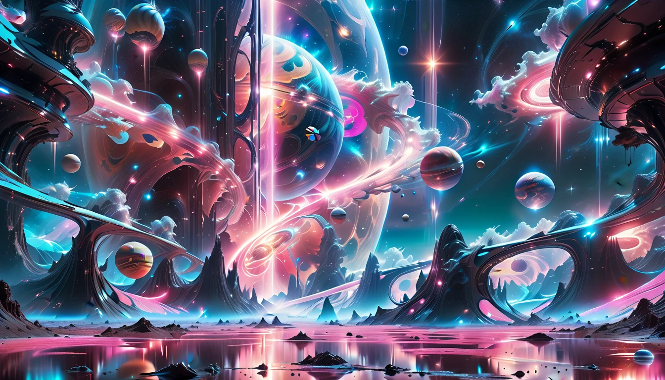 A Masterpiece In 32K Resolution, Supreme Quality, Super Detail, Official Art, Very High-Resolution 32K Wallpaper, Beautiful And Aesthetic, Ultra-Detailed Features, Awe-Inspiring Detail. Cosmic, Otherworldly, And Breathtakingly Dreamlike Scene Set On A Vibrant, Alien Planet. The Otherworldly Landscape Is Filled With Colorful, Intricate Patterns And Vibrant Contrasts, Creating A Sense Of Both Mystery And Wonder. A Giant Planet Resembling Jupiter Looms In The Background, Bathed In An Ethereal Glow, While Swirling Deep Space Nebulas And Vivid Pink Hues Fill The Sky. The Atmosphere Is Alive With An Energetic, Almost Surreal Quality, Enhanced By The Use Of Long Exposure, Giving A Cinematic, Epic Feel. This Abstract, Alien World Blends The Surreal With The Futuristic, Featuring Epic Structures And Otherworldly Beauty. The Colors Are Bold, Saturated, And Highly Contrasting, Giving The Entire Scene A Crazy Yet Gorgeous Visual Identity.