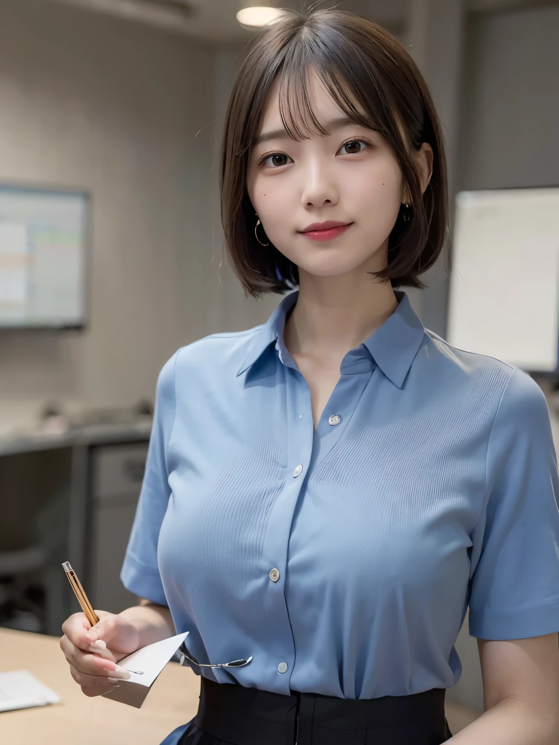 (((gesturing to a coworker))), smiling while discussing project details, ((Top Quality, 8k, Masterpiece: 1.3)), ((1 girl)), Quality of actress,Entry-level Employee woman, (Huge Breasts:1.2), ((short bob hair)), ((Light blue shirt)), ((paired with black slacks)), holding a notepad and standing near a workstation, gold earring, extra detailed face, Detailed skin, mole:0.1, In an open office space with monitors and whiteboards, surrounded by coworkers working on projects