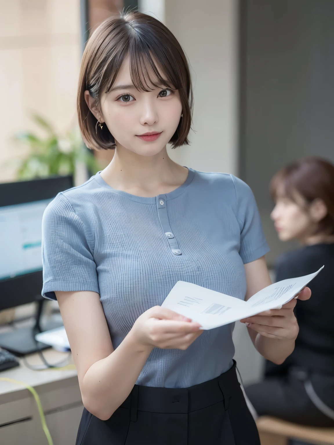 (((gesturing to a coworker))), smiling while discussing project details, ((Top Quality, 8k, Masterpiece: 1.3)), ((1 girl)), Quality of actress,Entry-level Employee woman, (Huge Breasts:1.2), ((short bob hair)), ((Light blue shirt)), ((paired with black slacks)), holding a notepad and standing near a workstation, gold earring, extra detailed face, Detailed skin, mole:0.1, In an open office space with monitors and whiteboards, surrounded by coworkers working on projects