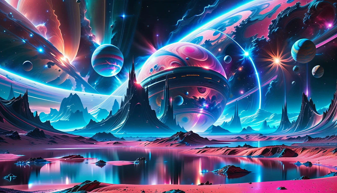 A Masterpiece In 32K Resolution, Supreme Quality, Super Detail, Official Art, Very High-Resolution 32K Wallpaper, Beautiful And Aesthetic, Ultra-Detailed Features, Awe-Inspiring Detail. Cosmic, Otherworldly, And Breathtakingly Dreamlike Scene Set On A Vibrant, Alien Planet. The Otherworldly Landscape Is Filled With Colorful, Intricate Patterns And Vibrant Contrasts, Creating A Sense Of Both Mystery And Wonder. A Giant Planet Resembling Jupiter Looms In The Background, Bathed In An Ethereal Glow, While Swirling Deep Space Nebulas And Vivid Pink Hues Fill The Sky. The Atmosphere Is Alive With An Energetic, Almost Surreal Quality, Enhanced By The Use Of Long Exposure, Giving A Cinematic, Epic Feel. This Abstract, Alien World Blends The Surreal With The Futuristic, Featuring Epic Structures And Otherworldly Beauty. The Colors Are Bold, Saturated, And Highly Contrasting, Giving The Entire Scene A Crazy Yet Gorgeous Visual Identity.