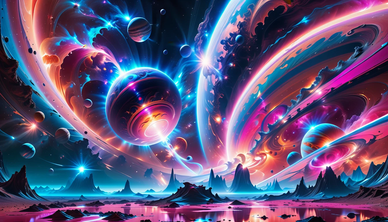 A Masterpiece In 32K Resolution, Supreme Quality, Super Detail, Official Art, Very High-Resolution 32K Wallpaper, Beautiful And Aesthetic, Ultra-Detailed Features, Awe-Inspiring Detail. Cosmic, Otherworldly, And Breathtakingly Dreamlike Scene Set On A Vibrant, Alien Planet. The Otherworldly Landscape Is Filled With Colorful, Intricate Patterns And Vibrant Contrasts, Creating A Sense Of Both Mystery And Wonder. A Giant Planet Resembling Jupiter Looms In The Background, Bathed In An Ethereal Glow, While Swirling Deep Space Nebulas And Vivid Pink Hues Fill The Sky. The Atmosphere Is Alive With An Energetic, Almost Surreal Quality, Enhanced By The Use Of Long Exposure, Giving A Cinematic, Epic Feel. This Abstract, Alien World Blends The Surreal With The Futuristic, Featuring Epic Structures And Otherworldly Beauty. The Colors Are Bold, Saturated, And Highly Contrasting, Giving The Entire Scene A Crazy Yet Gorgeous Visual Identity.