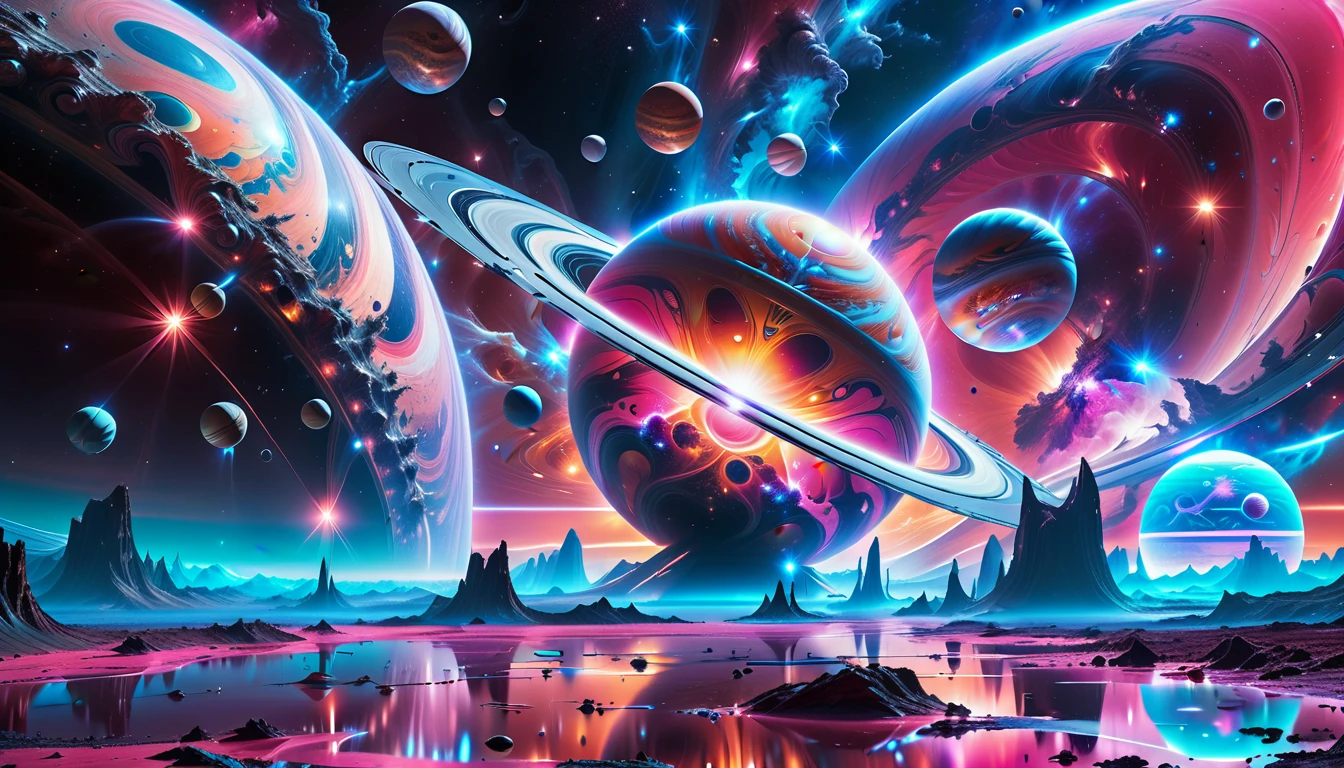 A Masterpiece In 32K Resolution, Supreme Quality, Super Detail, Official Art, Very High-Resolution 32K Wallpaper, Beautiful And Aesthetic, Ultra-Detailed Features, Awe-Inspiring Detail. Cosmic, Otherworldly, And Breathtakingly Dreamlike Scene Set On A Vibrant, Alien Planet. The Otherworldly Landscape Is Filled With Colorful, Intricate Patterns And Vibrant Contrasts, Creating A Sense Of Both Mystery And Wonder. A Giant Planet Resembling Jupiter Looms In The Background, Bathed In An Ethereal Glow, While Swirling Deep Space Nebulas And Vivid Pink Hues Fill The Sky. The Atmosphere Is Alive With An Energetic, Almost Surreal Quality, Enhanced By The Use Of Long Exposure, Giving A Cinematic, Epic Feel. This Abstract, Alien World Blends The Surreal With The Futuristic, Featuring Epic Structures And Otherworldly Beauty. The Colors Are Bold, Saturated, And Highly Contrasting, Giving The Entire Scene A Crazy Yet Gorgeous Visual Identity.