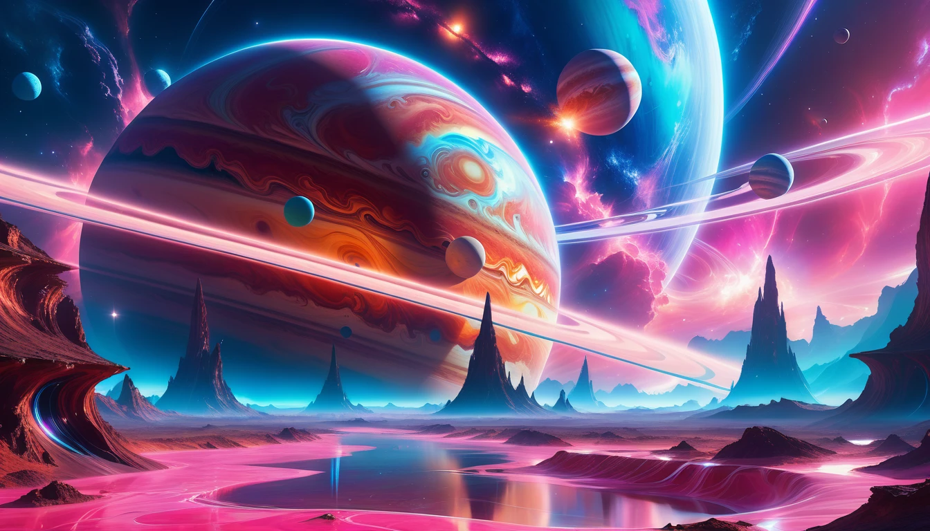 A Masterpiece In 32K Resolution, Supreme Quality, Super Detail, Official Art, Very High-Resolution 32K Wallpaper, Beautiful And Aesthetic, Ultra-Detailed Features, Awe-Inspiring Detail. Cosmic, Otherworldly, And Breathtakingly Dreamlike Scene Set On A Vibrant, Alien Planet. The Otherworldly Landscape Is Filled With Colorful, Intricate Patterns And Vibrant Contrasts, Creating A Sense Of Both Mystery And Wonder. A Giant Planet Resembling Jupiter Looms In The Background, Bathed In An Ethereal Glow, While Swirling Deep Space Nebulas And Vivid Pink Hues Fill The Sky. The Atmosphere Is Alive With An Energetic, Almost Surreal Quality, Enhanced By The Use Of Long Exposure, Giving A Cinematic, Epic Feel. This Abstract, Alien World Blends The Surreal With The Futuristic, Featuring Epic Structures And Otherworldly Beauty. The Colors Are Bold, Saturated, And Highly Contrasting, Giving The Entire Scene A Crazy Yet Gorgeous Visual Identity.