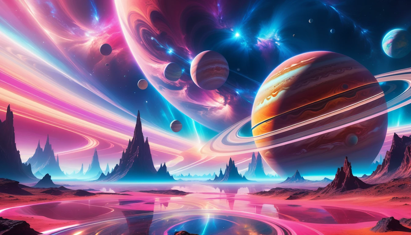 A Masterpiece In 32K Resolution, Supreme Quality, Super Detail, Official Art, Very High-Resolution 32K Wallpaper, Beautiful And Aesthetic, Ultra-Detailed Features, Awe-Inspiring Detail. Cosmic, Otherworldly, And Breathtakingly Dreamlike Scene Set On A Vibrant, Alien Planet. The Otherworldly Landscape Is Filled With Colorful, Intricate Patterns And Vibrant Contrasts, Creating A Sense Of Both Mystery And Wonder. A Giant Planet Resembling Jupiter Looms In The Background, Bathed In An Ethereal Glow, While Swirling Deep Space Nebulas And Vivid Pink Hues Fill The Sky. The Atmosphere Is Alive With An Energetic, Almost Surreal Quality, Enhanced By The Use Of Long Exposure, Giving A Cinematic, Epic Feel. This Abstract, Alien World Blends The Surreal With The Futuristic, Featuring Epic Structures And Otherworldly Beauty. The Colors Are Bold, Saturated, And Highly Contrasting, Giving The Entire Scene A Crazy Yet Gorgeous Visual Identity.