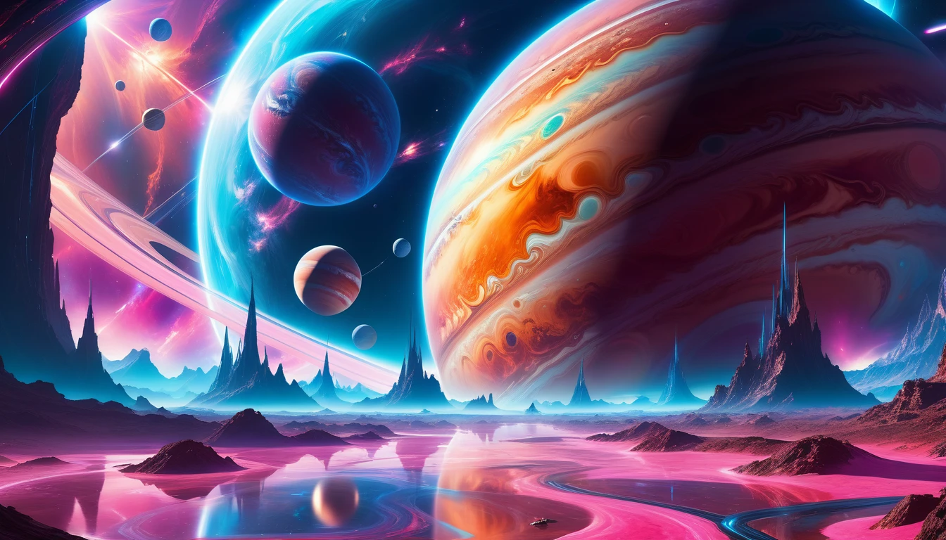 A Masterpiece In 32K Resolution, Supreme Quality, Super Detail, Official Art, Very High-Resolution 32K Wallpaper, Beautiful And Aesthetic, Ultra-Detailed Features, Awe-Inspiring Detail. Cosmic, Otherworldly, And Breathtakingly Dreamlike Scene Set On A Vibrant, Alien Planet. The Otherworldly Landscape Is Filled With Colorful, Intricate Patterns And Vibrant Contrasts, Creating A Sense Of Both Mystery And Wonder. A Giant Planet Resembling Jupiter Looms In The Background, Bathed In An Ethereal Glow, While Swirling Deep Space Nebulas And Vivid Pink Hues Fill The Sky. The Atmosphere Is Alive With An Energetic, Almost Surreal Quality, Enhanced By The Use Of Long Exposure, Giving A Cinematic, Epic Feel. This Abstract, Alien World Blends The Surreal With The Futuristic, Featuring Epic Structures And Otherworldly Beauty. The Colors Are Bold, Saturated, And Highly Contrasting, Giving The Entire Scene A Crazy Yet Gorgeous Visual Identity.