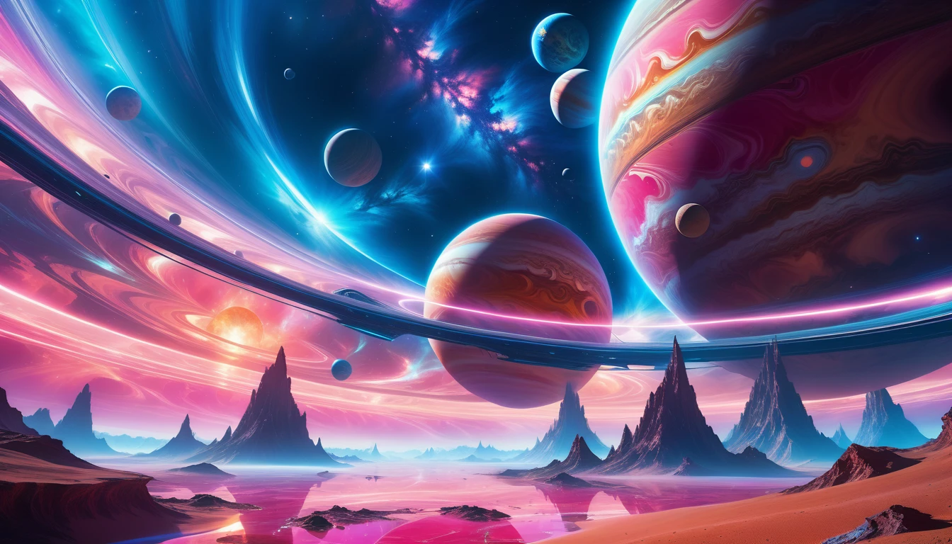 A Masterpiece In 32K Resolution, Supreme Quality, Super Detail, Official Art, Very High-Resolution 32K Wallpaper, Beautiful And Aesthetic, Ultra-Detailed Features, Awe-Inspiring Detail. Cosmic, Otherworldly, And Breathtakingly Dreamlike Scene Set On A Vibrant, Alien Planet. The Otherworldly Landscape Is Filled With Colorful, Intricate Patterns And Vibrant Contrasts, Creating A Sense Of Both Mystery And Wonder. A Giant Planet Resembling Jupiter Looms In The Background, Bathed In An Ethereal Glow, While Swirling Deep Space Nebulas And Vivid Pink Hues Fill The Sky. The Atmosphere Is Alive With An Energetic, Almost Surreal Quality, Enhanced By The Use Of Long Exposure, Giving A Cinematic, Epic Feel. This Abstract, Alien World Blends The Surreal With The Futuristic, Featuring Epic Structures And Otherworldly Beauty. The Colors Are Bold, Saturated, And Highly Contrasting, Giving The Entire Scene A Crazy Yet Gorgeous Visual Identity.